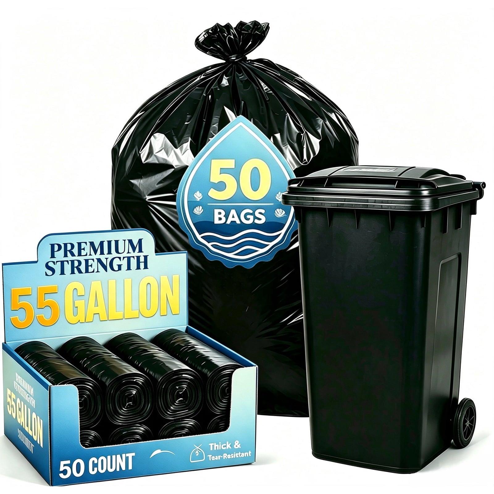 Lamosi 55 Gallon Trash Bags (50 Count) - Black Outdoor Garbage Bags for Waste, Lawn and Leaf, 1.5 Mil