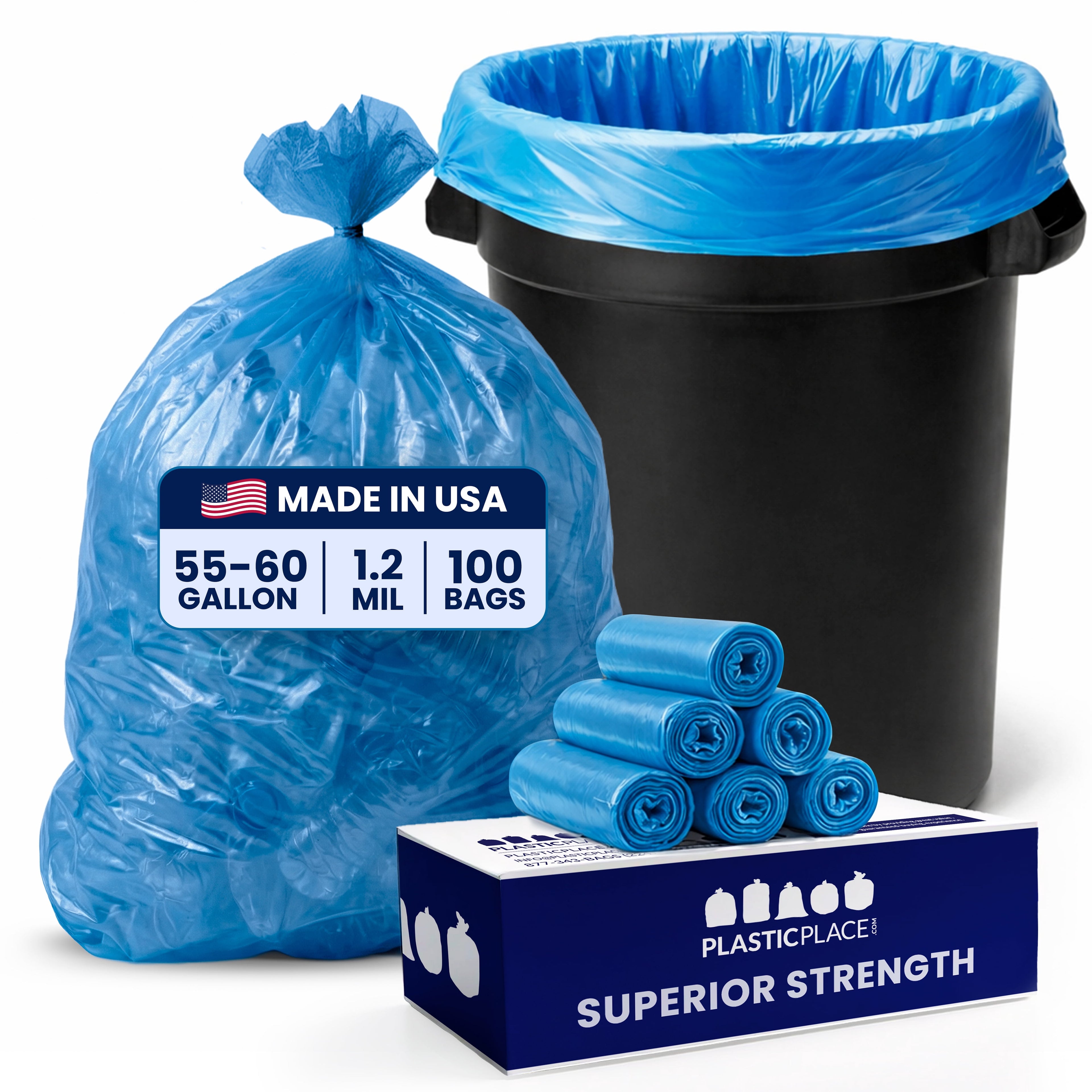 Plasticplace 55-60 Gallon Blue Recycling Trash Bags - 1.2 Mil, 38"x55" Garbage Can Liners, 100 Count