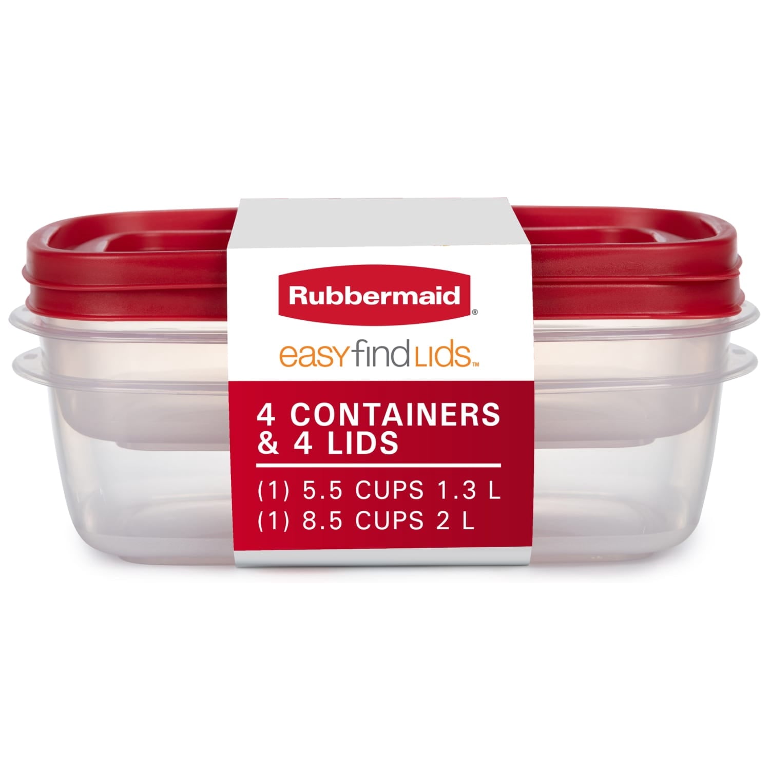 Rubbermaid EasyFindLids Food Storage Container Value Pack with Lids - 1-8.5 (2.0 Liter) Cup, 1-5.5 Cup (1.3 Liter)