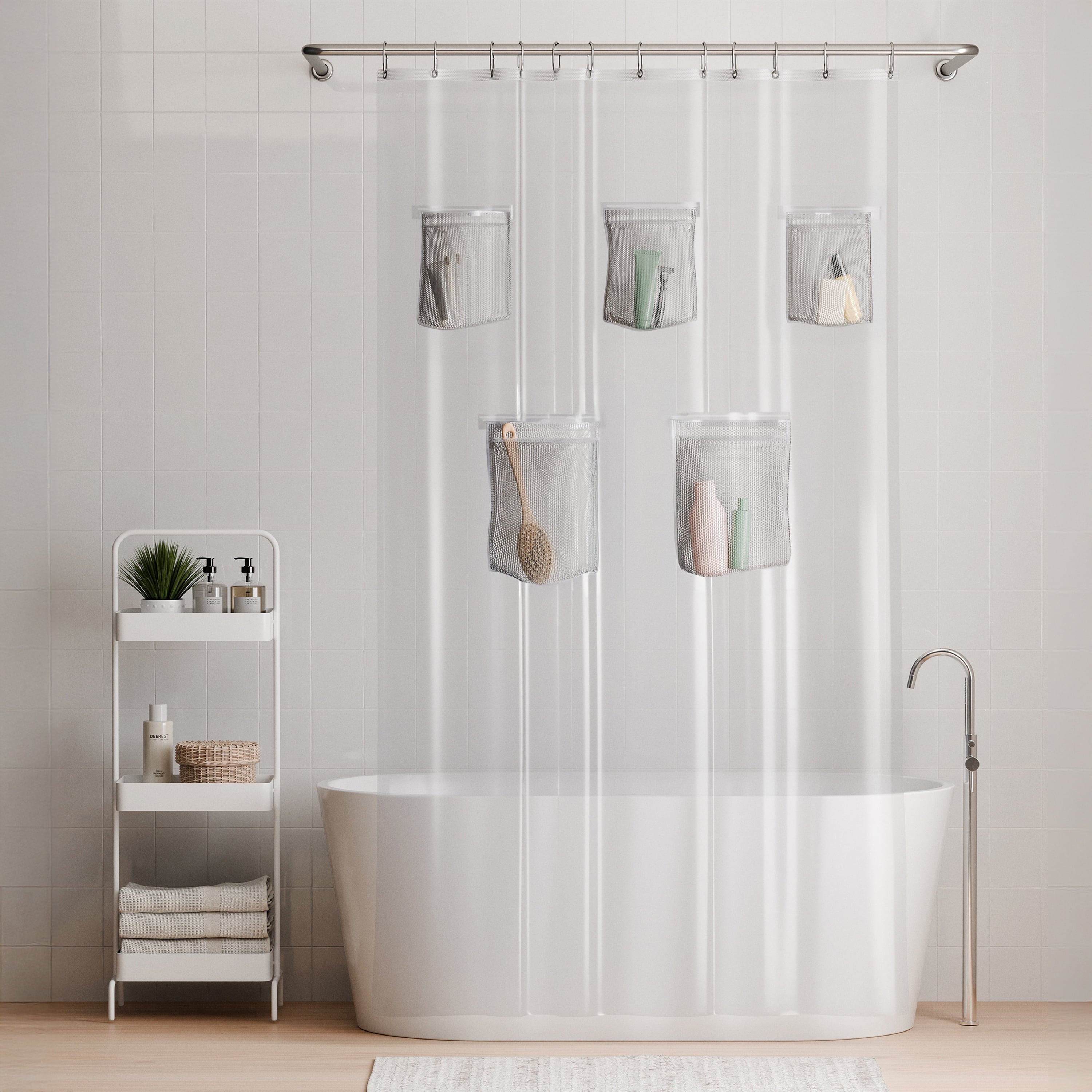 Rubbermaid Clear Heavyweight Waterproof PEVA Shower Curtain Liner with Storage Pockets - BPA-Free, 70 x 72 Inches