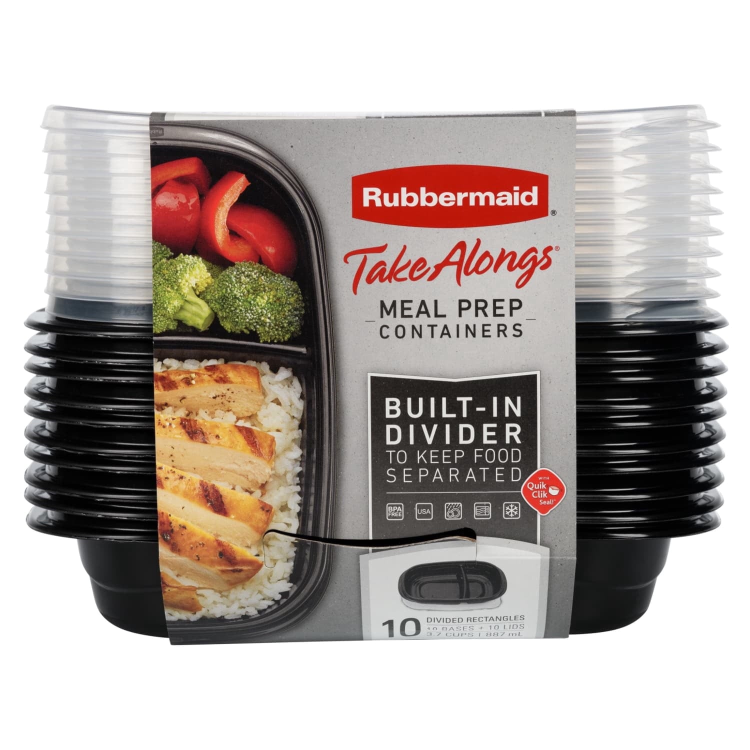 Rubbermaid TakeAlongs - 3.7 Cups, Meal Prep Food Storage Container with Built-In Divider (Includes 10 Containers + 10 Lids)