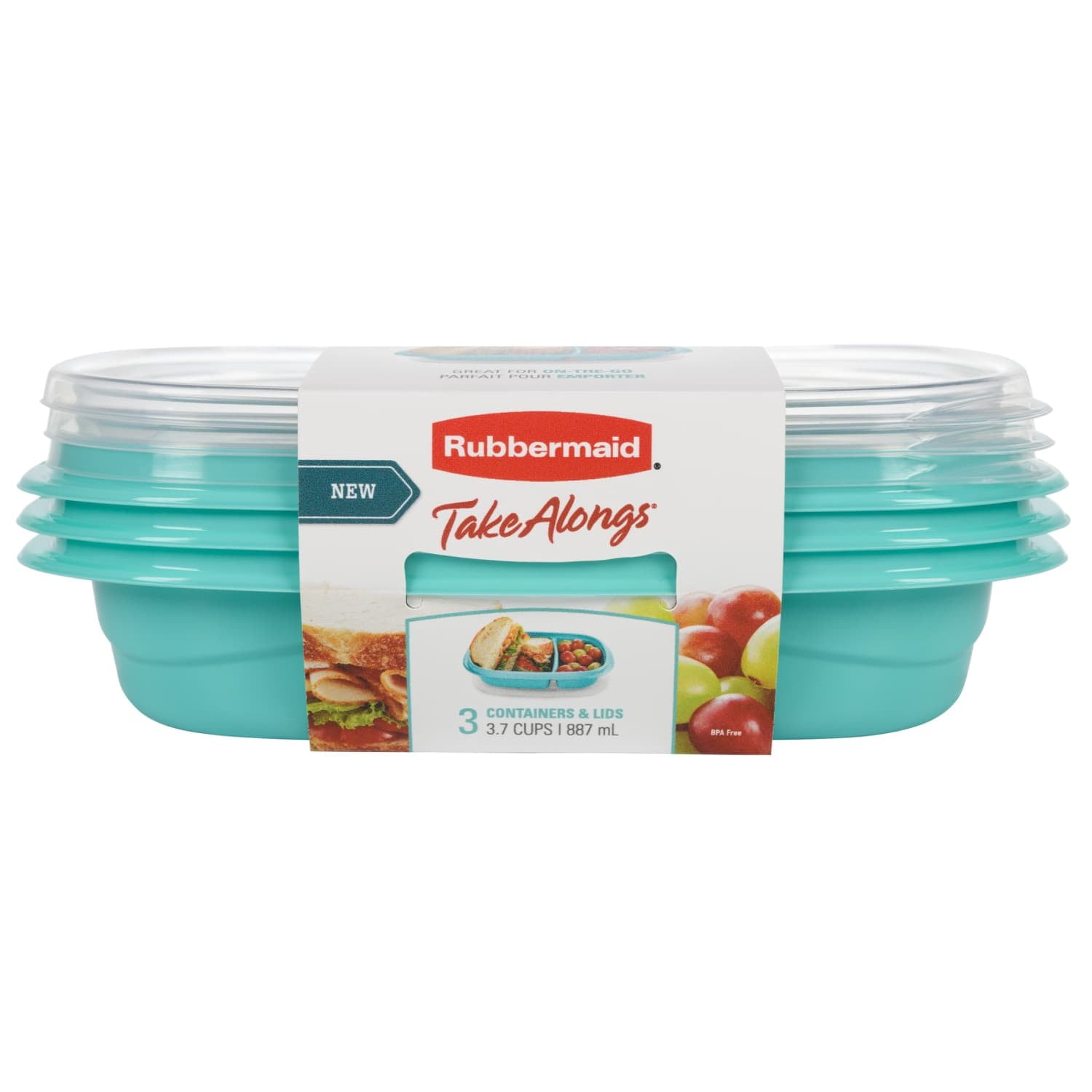 Rubbermaid TakeAlongs On the Go Food Storage and Meal Prep Containers - 3.7 Cup Divided Rectangle, 3-Pack, Teal Splash