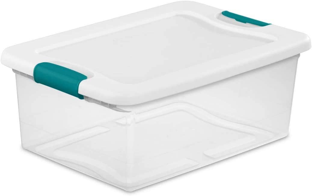 Sterilite Plastic Storage Box With Latch Lid - Stackable - 15 Qt, White/Clear, Blue Latches