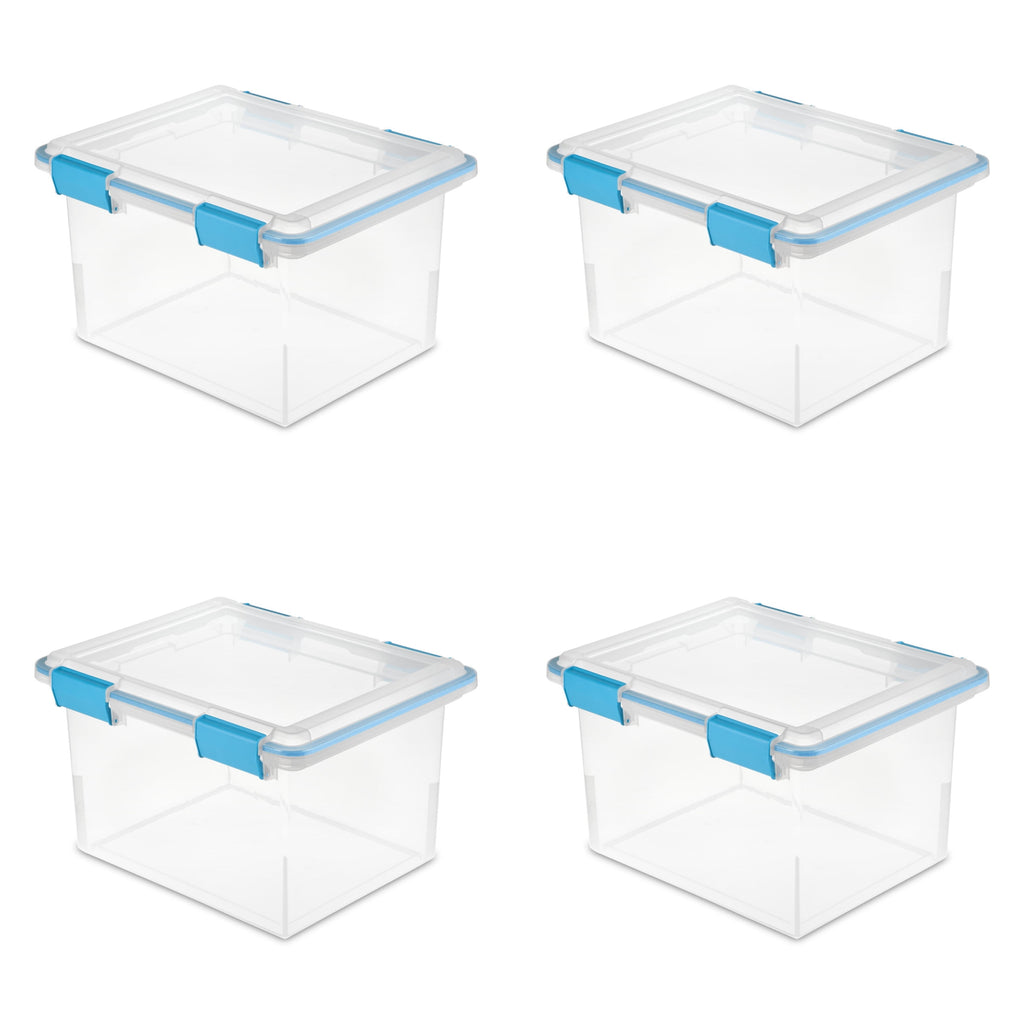 Sterilite Gasket Box - 32 Quart Clear Weather-Resistant Plastic File Storage Bin with Gasket Seal and Latch Lid, Blue, 4 Pack