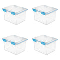 Sterilite Gasket Box - 32 Quart Clear Weather-Resistant Plastic File Storage Bin with Gasket Seal and Latch Lid, Blue, 4 Pack