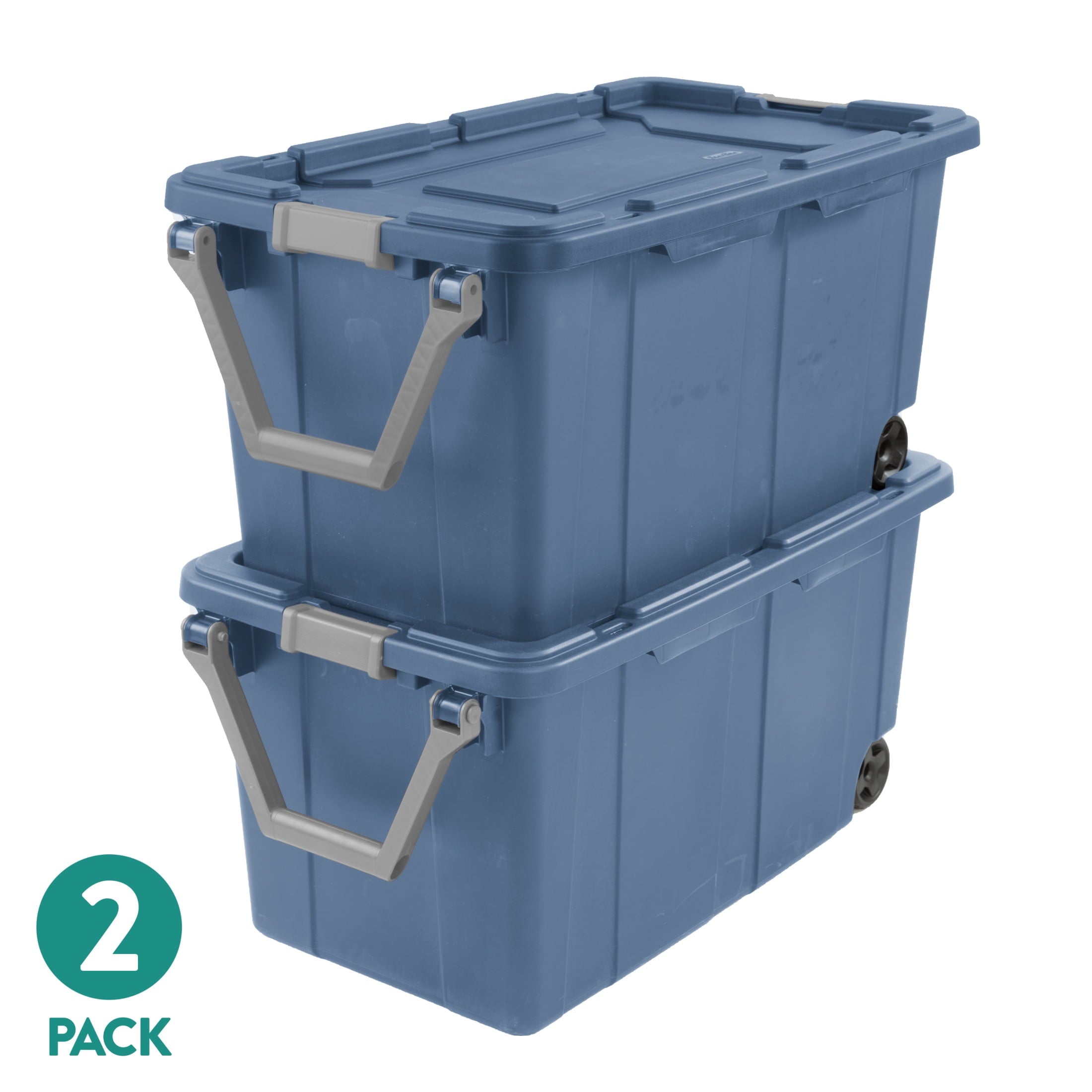 Sterilite Extra-Large Wheeled Industrial Storage Bin - 40 Gallon Durable Plastic Storage Tote with Latching Lid and Pull Handle, Blue, 2 Pack