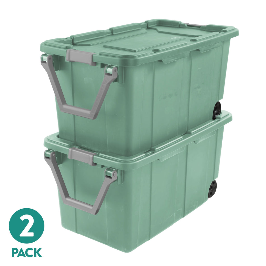 Sterilite Extra-Large Wheeled Industrial Storage Bin - 40 Gallon Durable Plastic Storage Tote with Latching Lid and Pull Handle, Green, 2 Pack