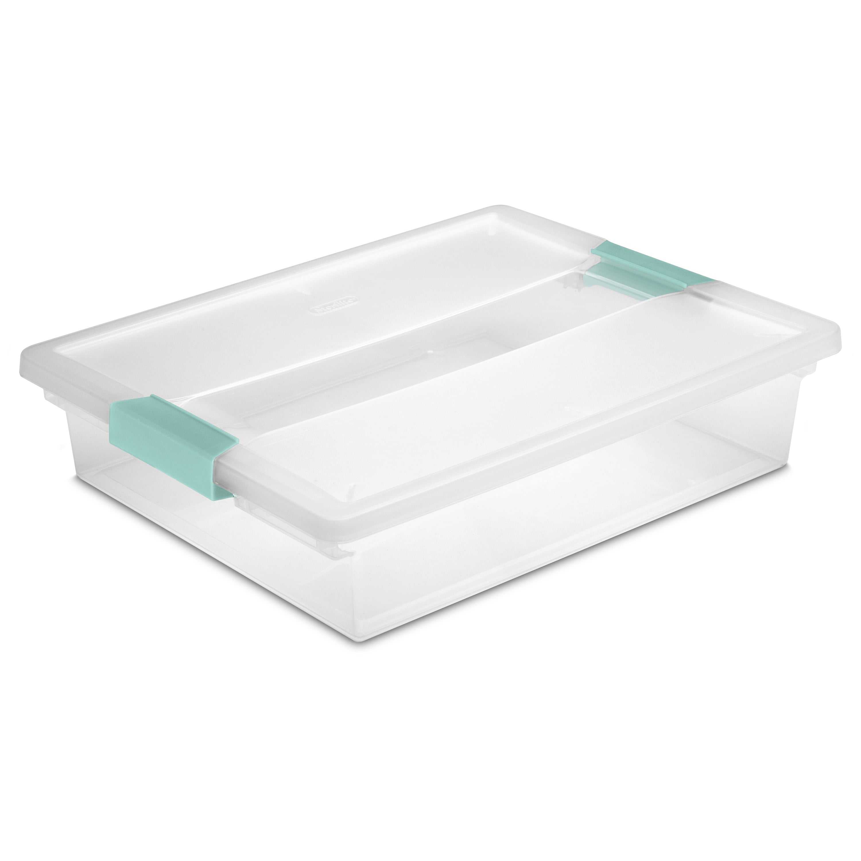 Sterilite Large Clear Plastic Storage Bin Tote with Clear Lid & Aqua Latch