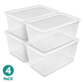 Sterilite 90 Quart Storage Box - Clear Plastic Storage Bin with Snap-on Lid, White, 4 Pack