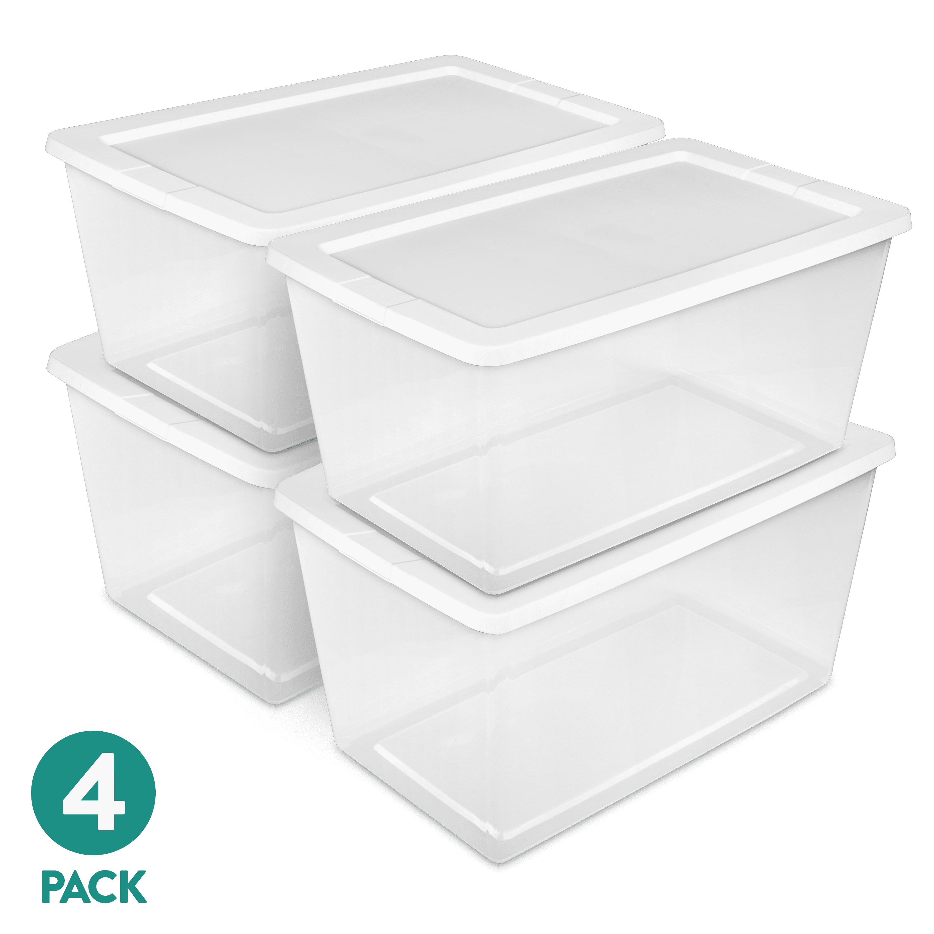 Sterilite 90 Quart Storage Box - Clear Plastic Storage Bin with Snap-on Lid, White, 4 Pack