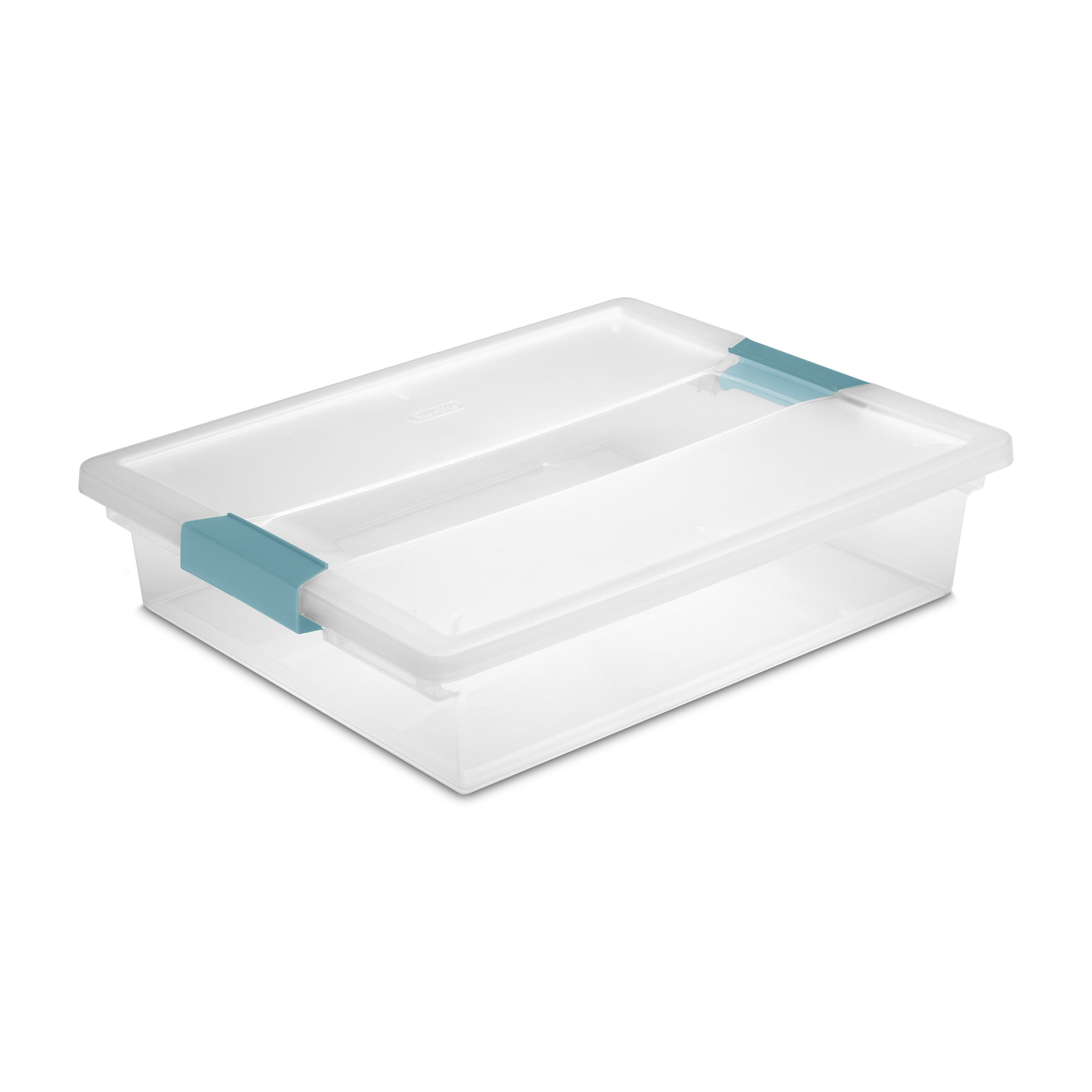 Sterilite Plastic Storage Bin / Large Clip Box - 14” L x 11” W x 3 1/4” H, Aqua Haze