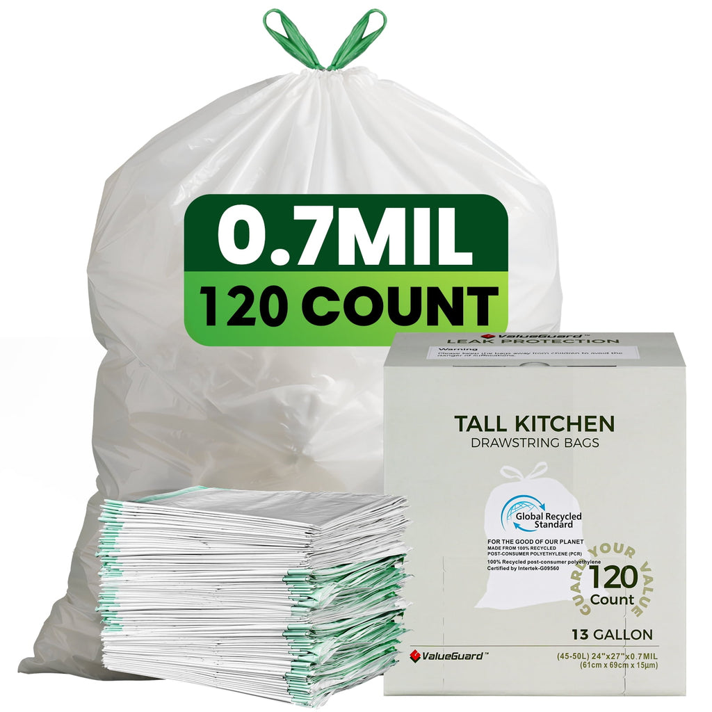 Valueguard Strong Flex 13-Gallon Drawstring Tall Kitchen Trash Bags - Fresh Scent, 120 Bags
