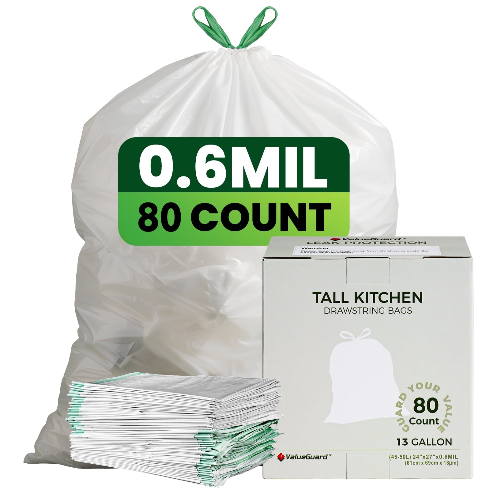 Valueguard Strong Flex 13-Gallon Drawstring Tall Kitchen Trash Bags - Fresh Scent, 80 Bags