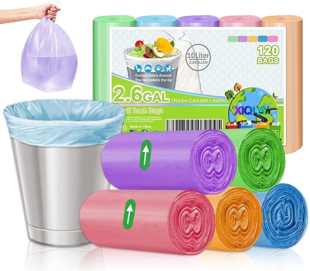 XUXRUS Bathroom Small Trash Bags 2.6 Gallon Garbage Bags for Home Office - 120 Count, Colorful, Fits 2-3 Gallon Bins.