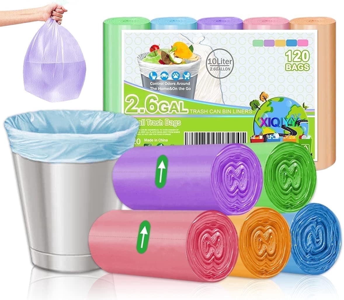 XUXRUS Bathroom Small Trash Bags 2.6 Gallon Garbage Bags for Home Office - 120 Count, Colorful, Fits 2-3 Gallon Bins.