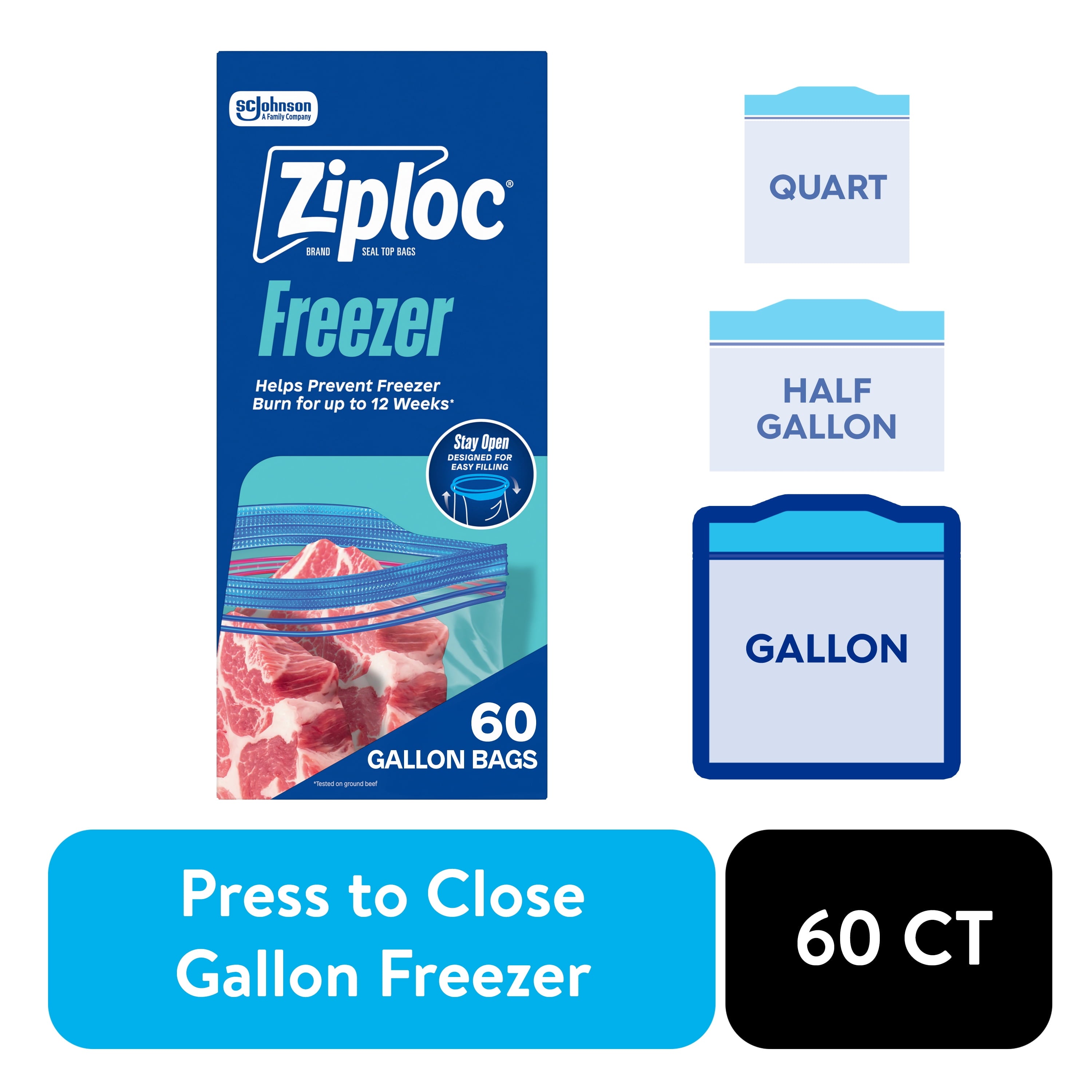 Ziploc Brand Freezer Food Storage Bags - School Supplies, with Grip 'n Seal Technology, Zipper, Gallon, 60 Count