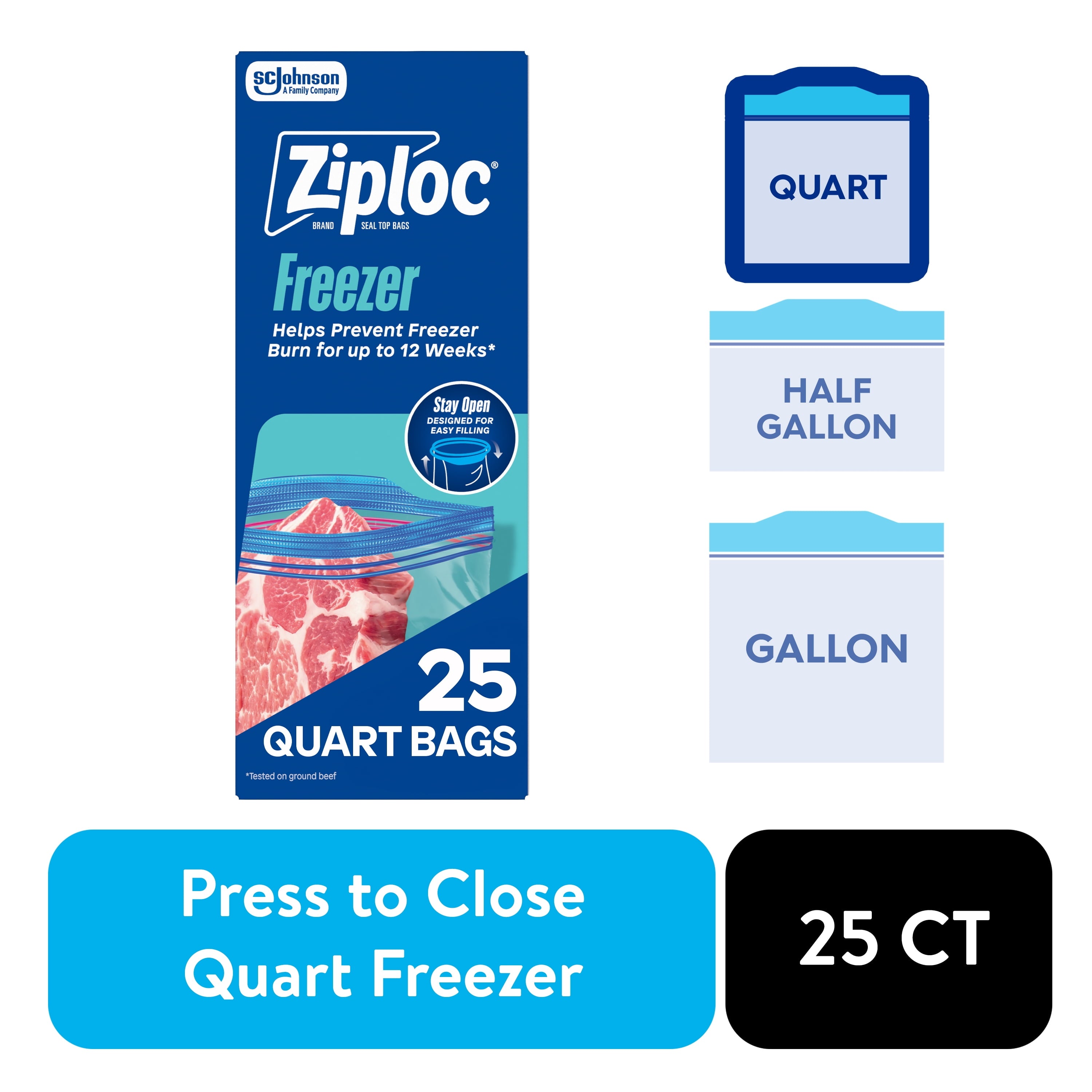Ziploc Brand Freezer Food Storage Bags - School Supplies, with Grip 'n Seal Technology, Zipper, Quart, 25 Count