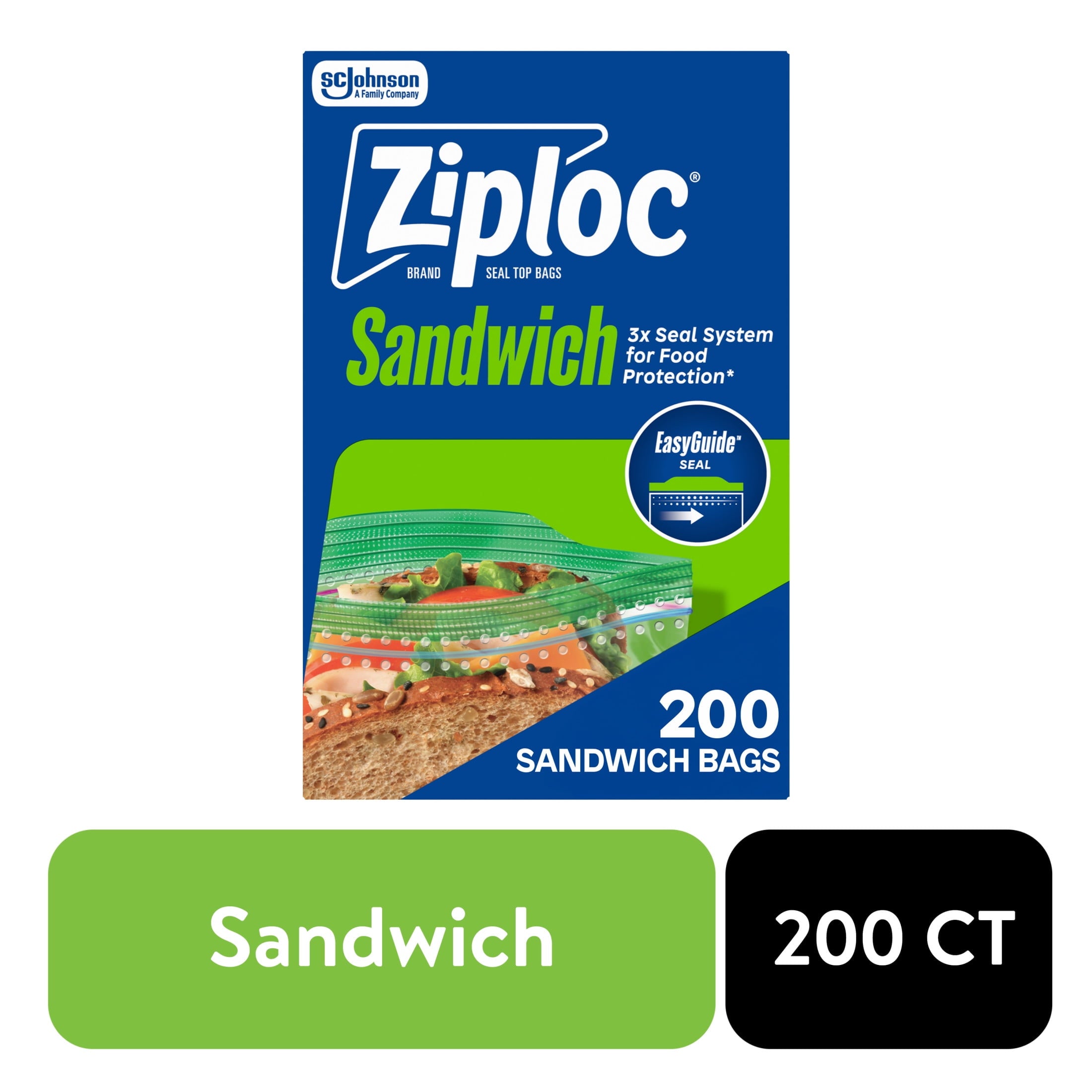 Ziploc Sandwich Bag For Food Storage - School Supplies, Grip 'n Seal Technology, Zipper, 200 Count