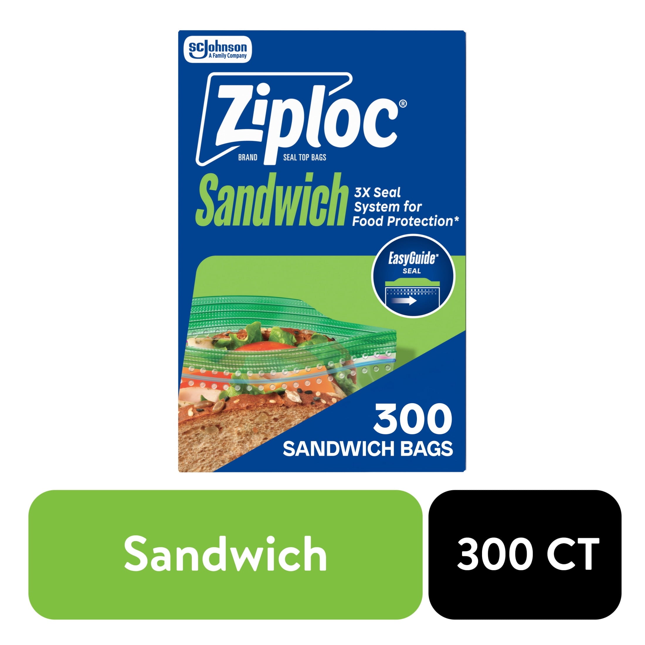 Ziploc® Brand Sandwich Bags with EasyGuide™ Texture - Grip 'n Seal Technology™, Food Storage, Zipper, 300 Count