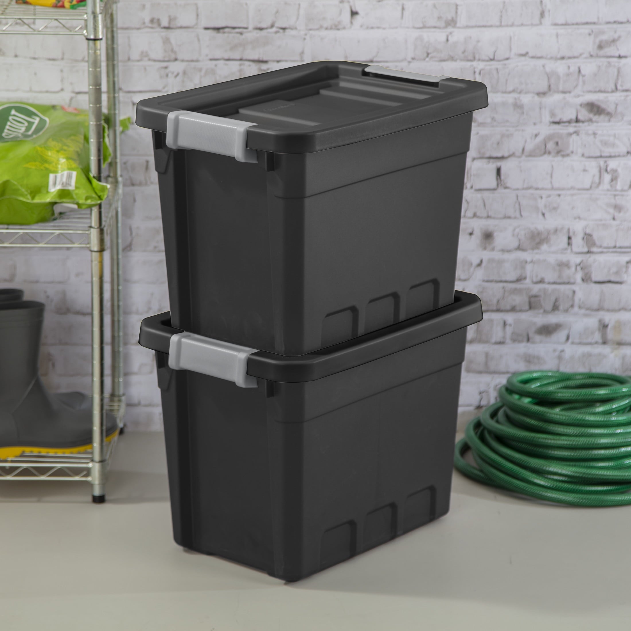Sterilite 7.5 Gallon Stacker Tote - Durable Plastic Bin with Latch Lid, Black