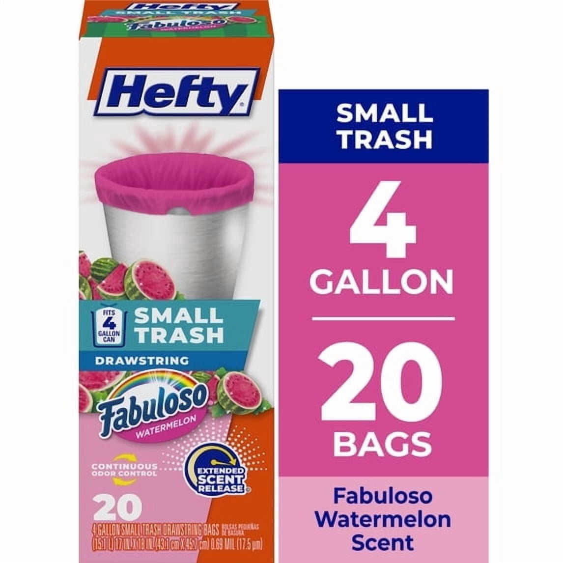 4 pack Hefty Small Trash Bags - Pink, Fabuloso Watermelon Scent, 4 Gallon, 20 Count