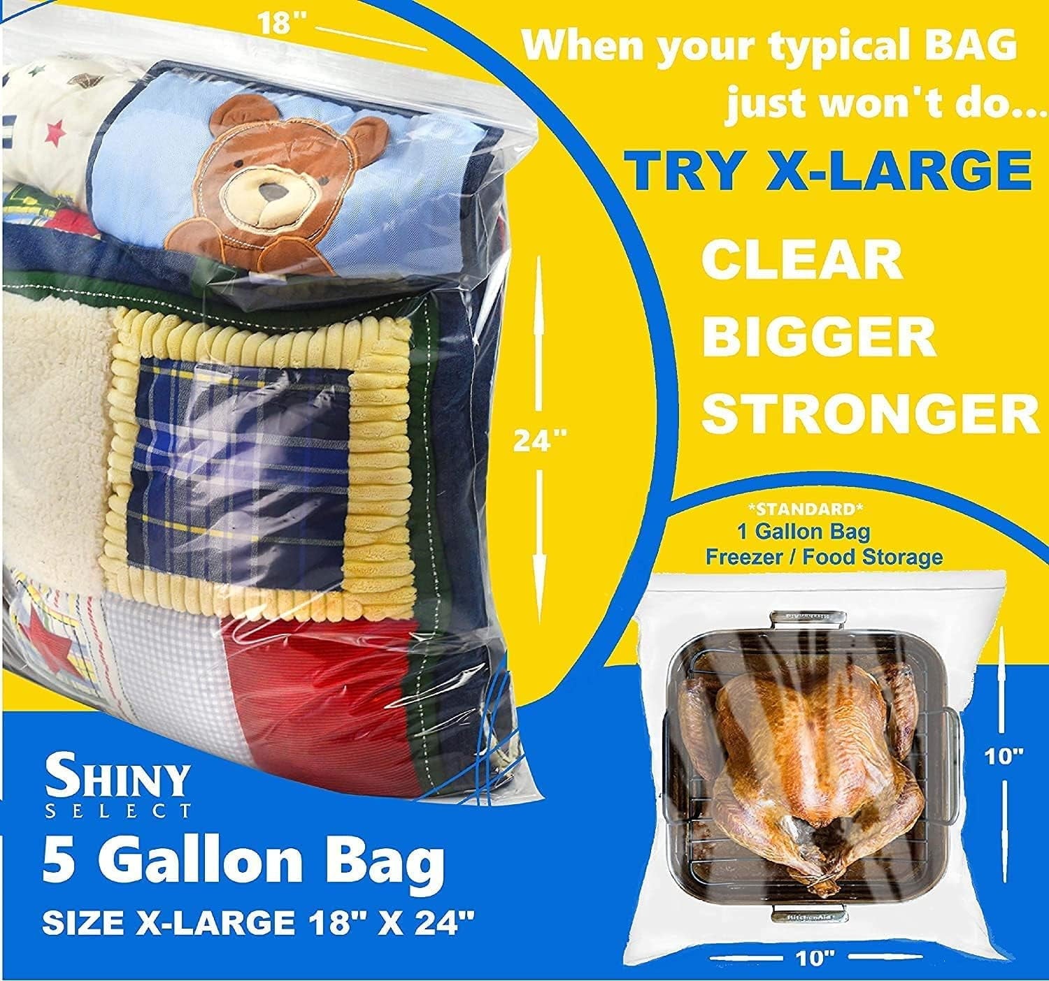 Extra-Large Zip and Close Storage Bags 18" x 24" - 2 Mil Thick, Resealable Zipper, 10-Pack