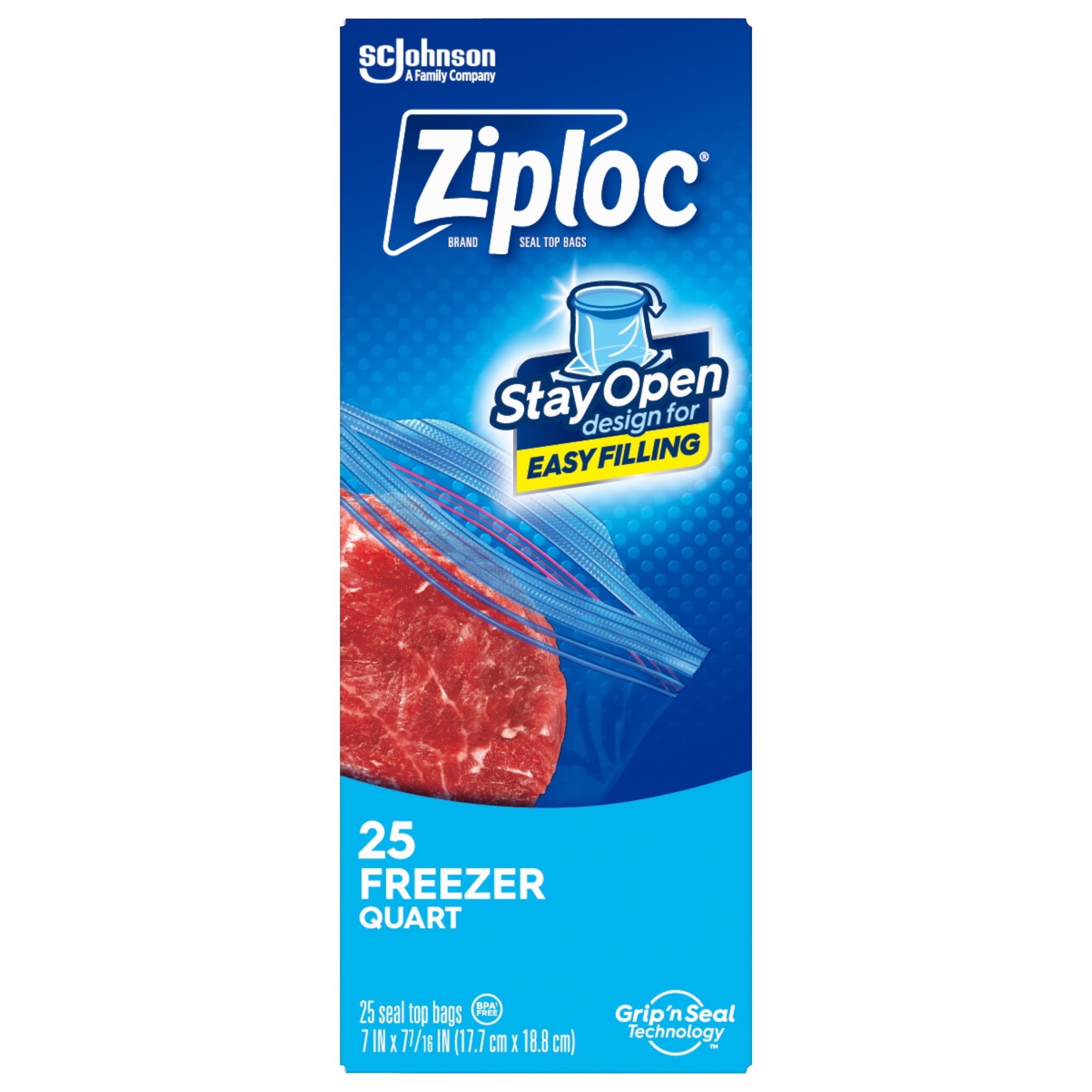Ziploc Brand Freezer Food Storage Bags - School Supplies, with Grip 'n Seal Technology, Zipper, Quart, 25 Count