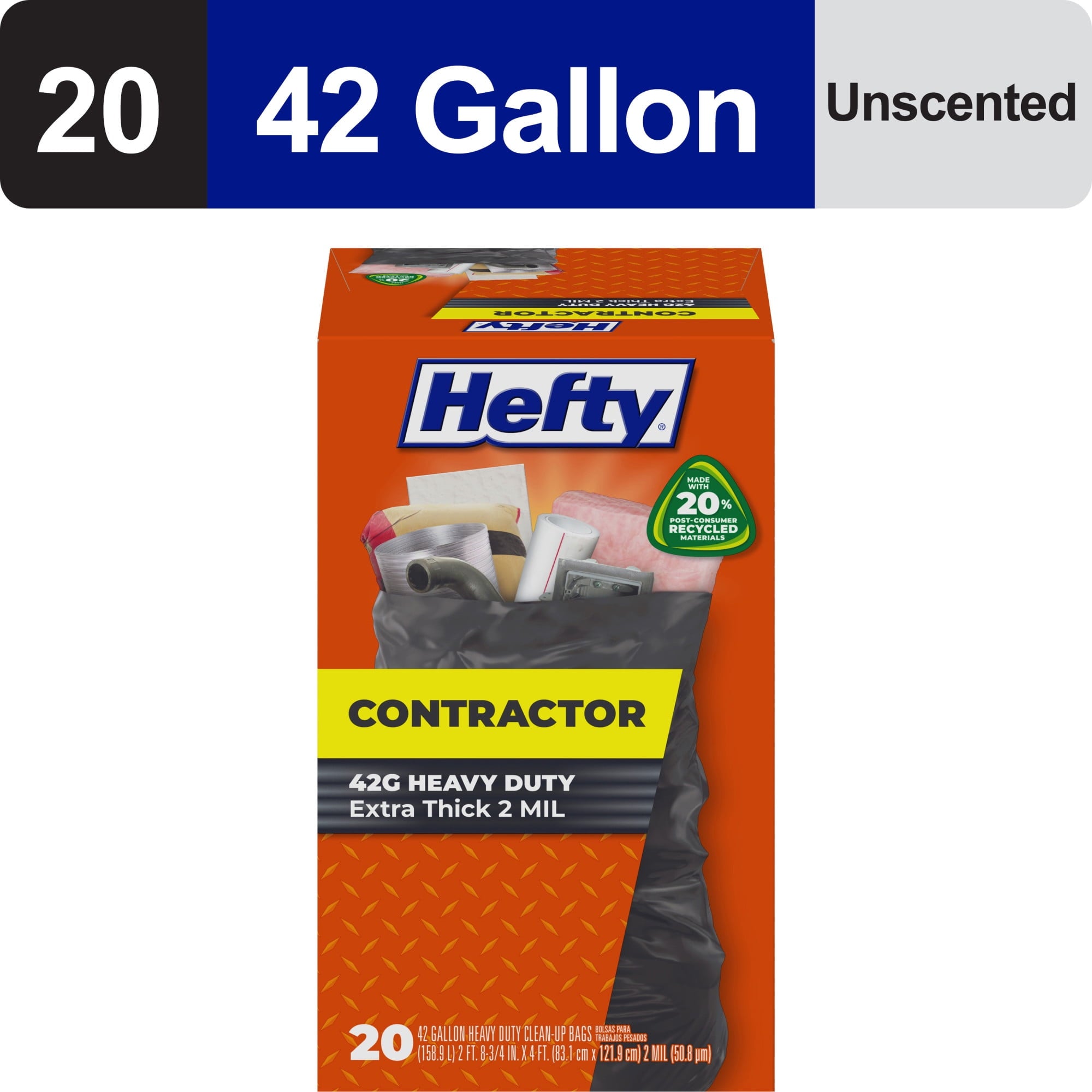 Hefty Heavy Duty Contractor Large Trash Bags - Made with 20% Post-Consumer Recycled Materials, 42 Gallon, 20 Count - 2-Pack