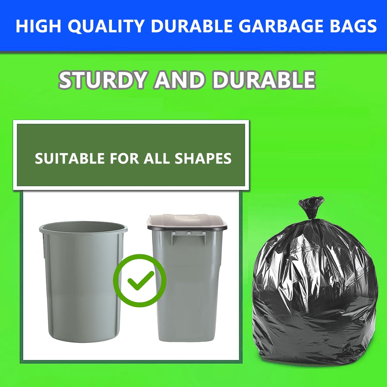 55 Gallon Trash Bags (60 Count) - Black Heavy Duty Outdoor Garbage Bags, with Tying Ropes