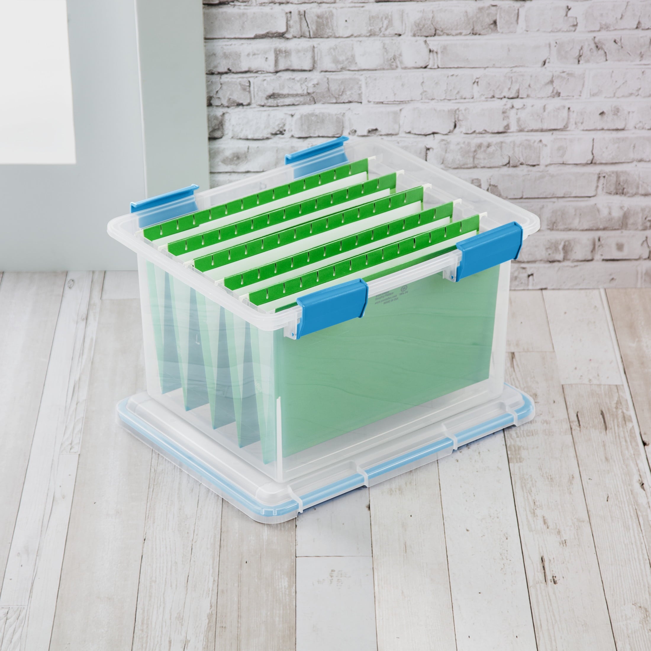 Sterilite Gasket Box - 32 Quart Clear Weather-Resistant Plastic File Storage Bin with Gasket Seal and Latch Lid, Blue, 4 Pack