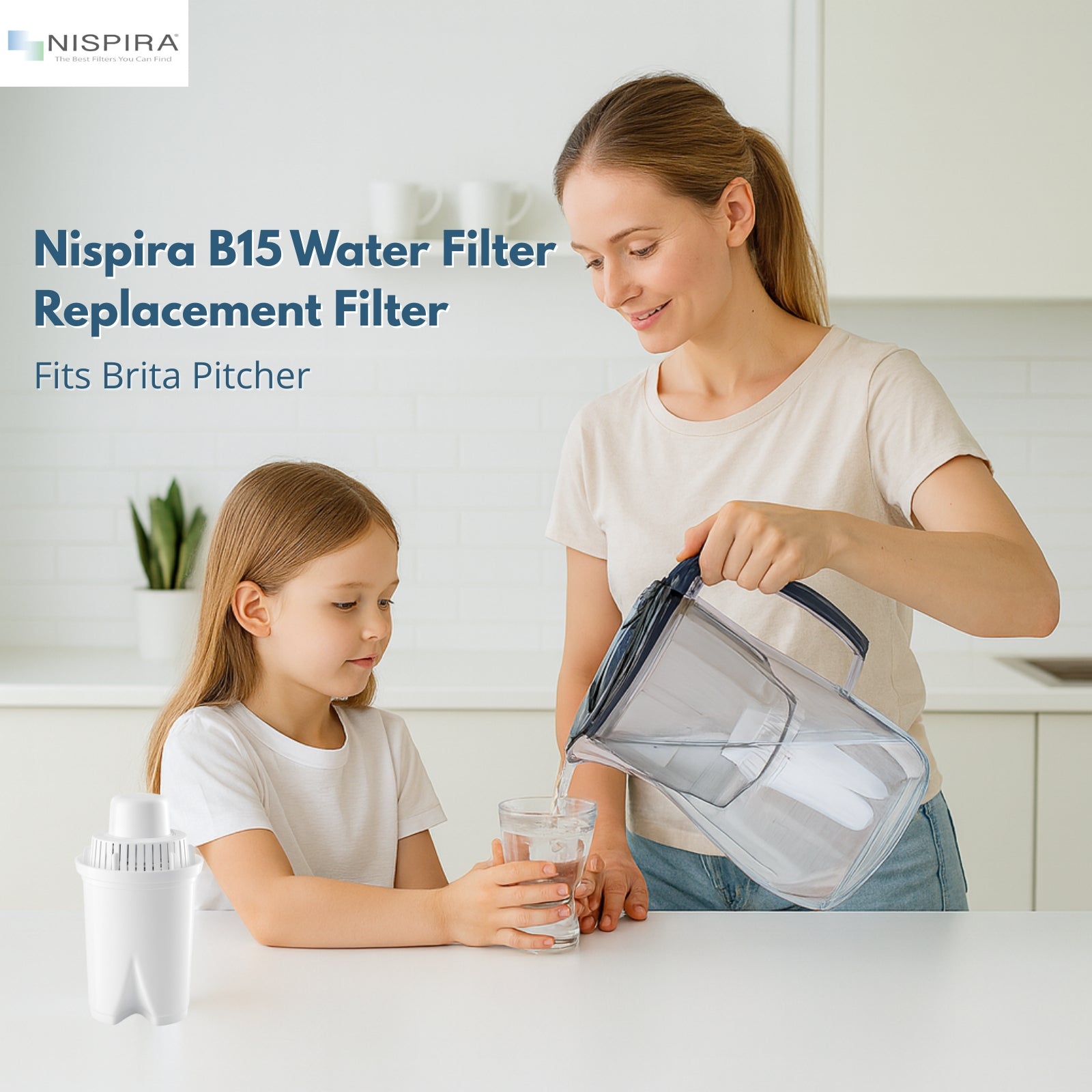 Nispira B15 Universal Water Filter Compatiblе with Brita Pitchers (Standard/Everyday/UltraMax) - 45-Gallon (≈170 L) Capacity, Reduces Chlorine, Lead, Odor, Hardness & Limescale, BPA-Free, 3 Pack