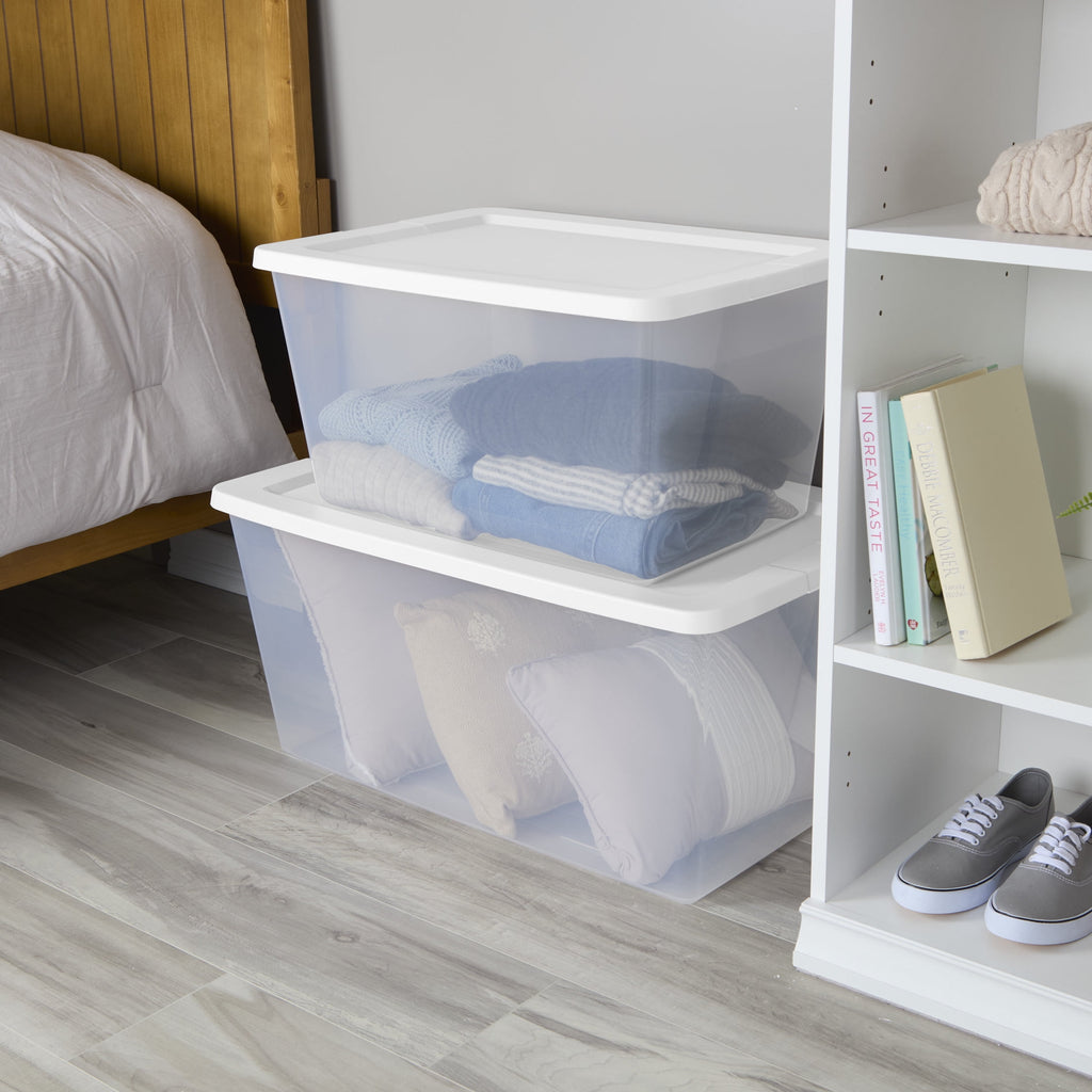 Sterilite 90 Quart Storage Box - Clear Plastic Storage Bin with Snap-on Lid, White, 4 Pack