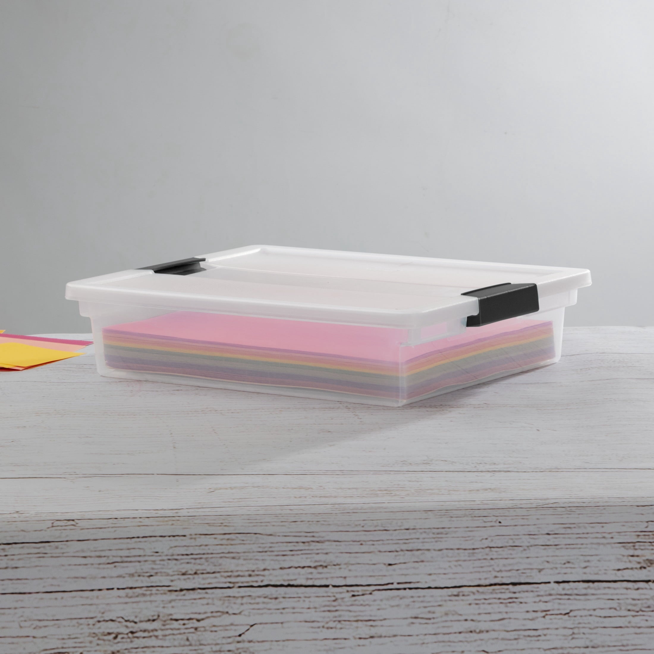 Sterilite Large Clip Box - Clear Plastic Storage Bin with Latching Lid, Fits Letter-Size Paper, Black Latches