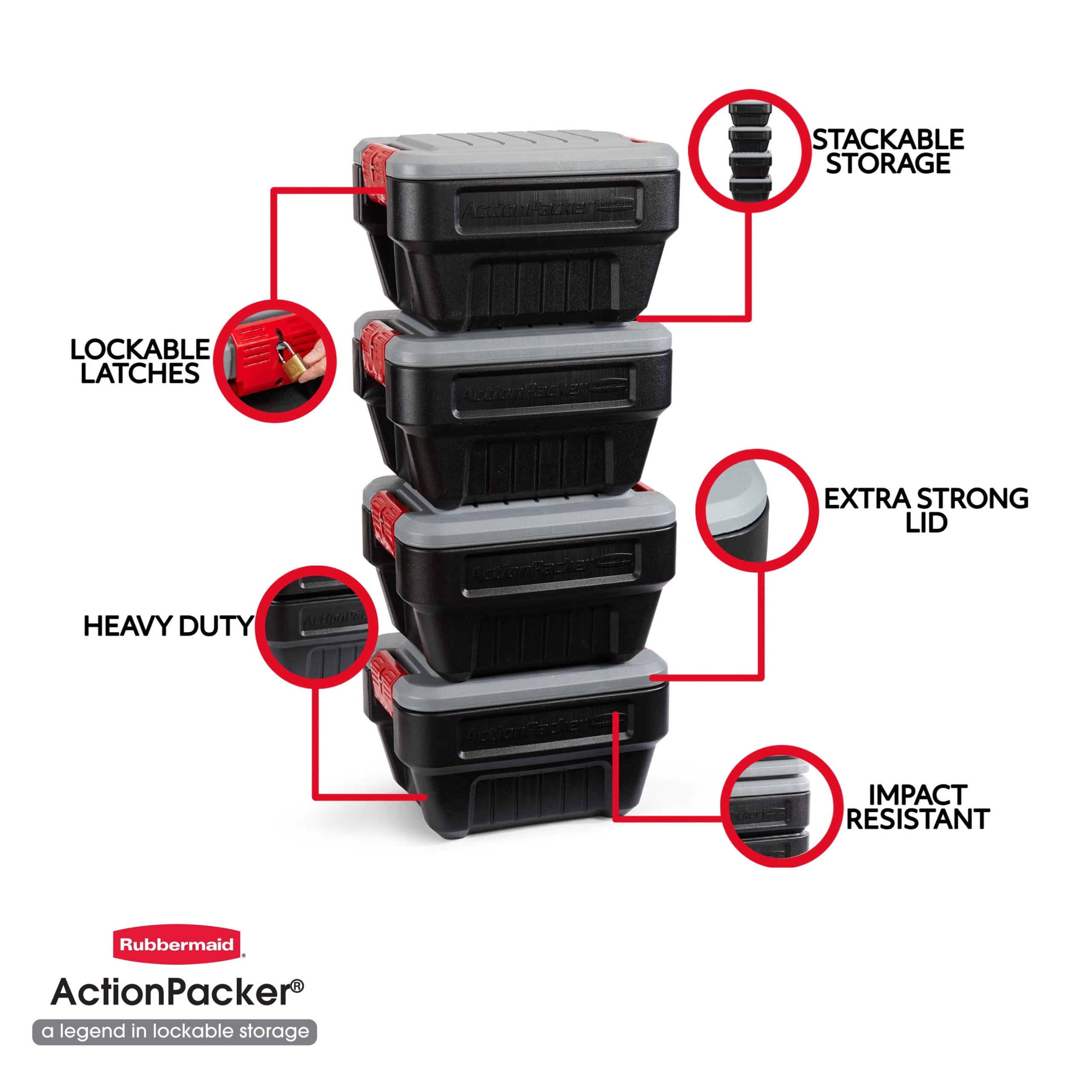Rubbermaid 8 Gallon Action Packer Storage Bin - Heavy Duty Plastic, Lockable, Black, Included Lid - 2-Pack