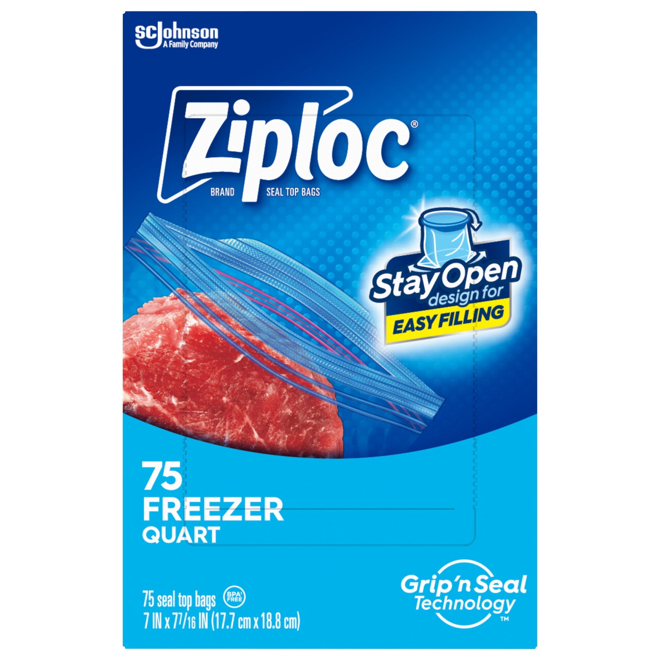 Ziploc Brand Freezer Food Storage Bags - School Supplies, with Grip 'n Seal Technology, Zipper, Quart, 75 Count