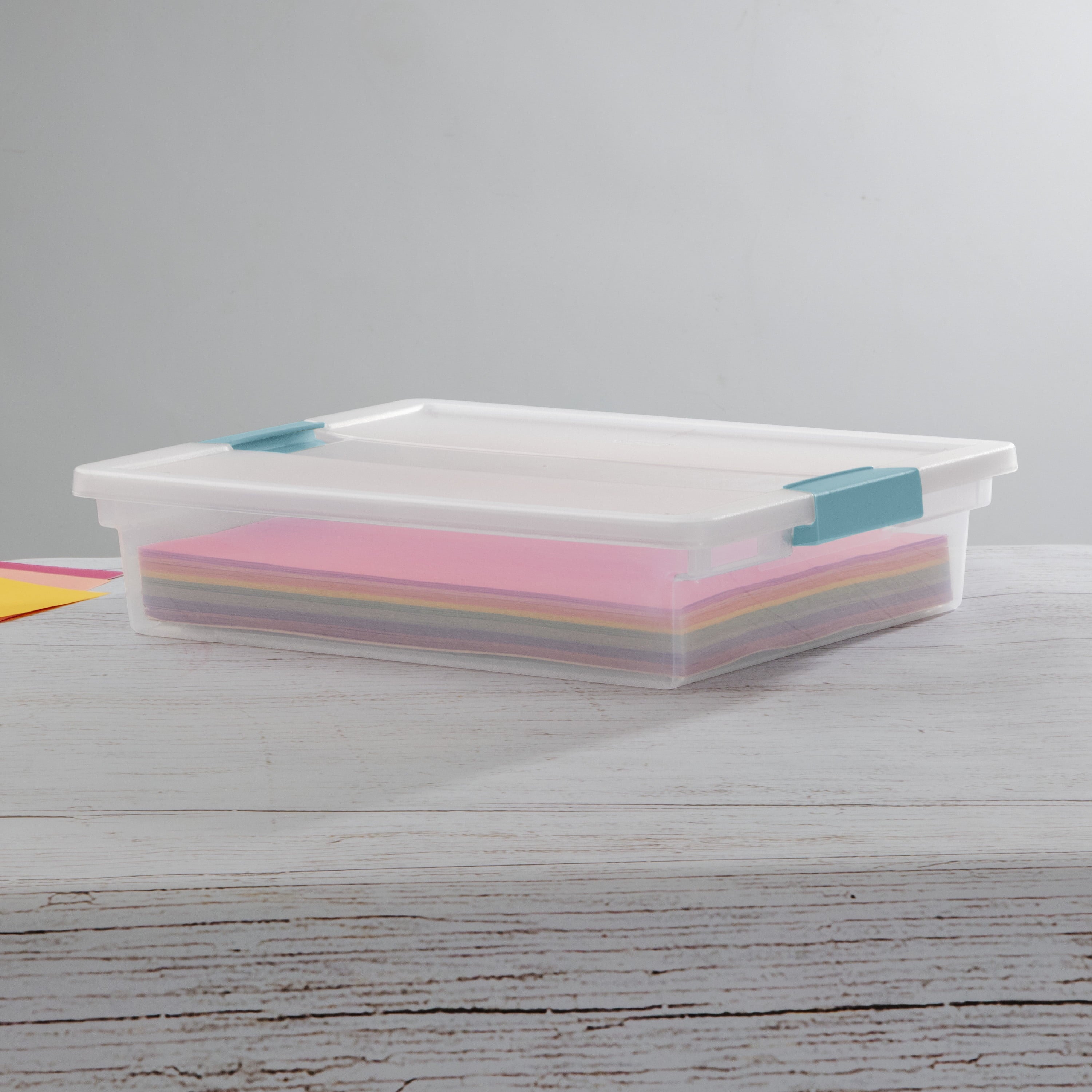 Sterilite Plastic Storage Bin / Large Clip Box - 14” L x 11” W x 3 1/4” H, Aqua Haze