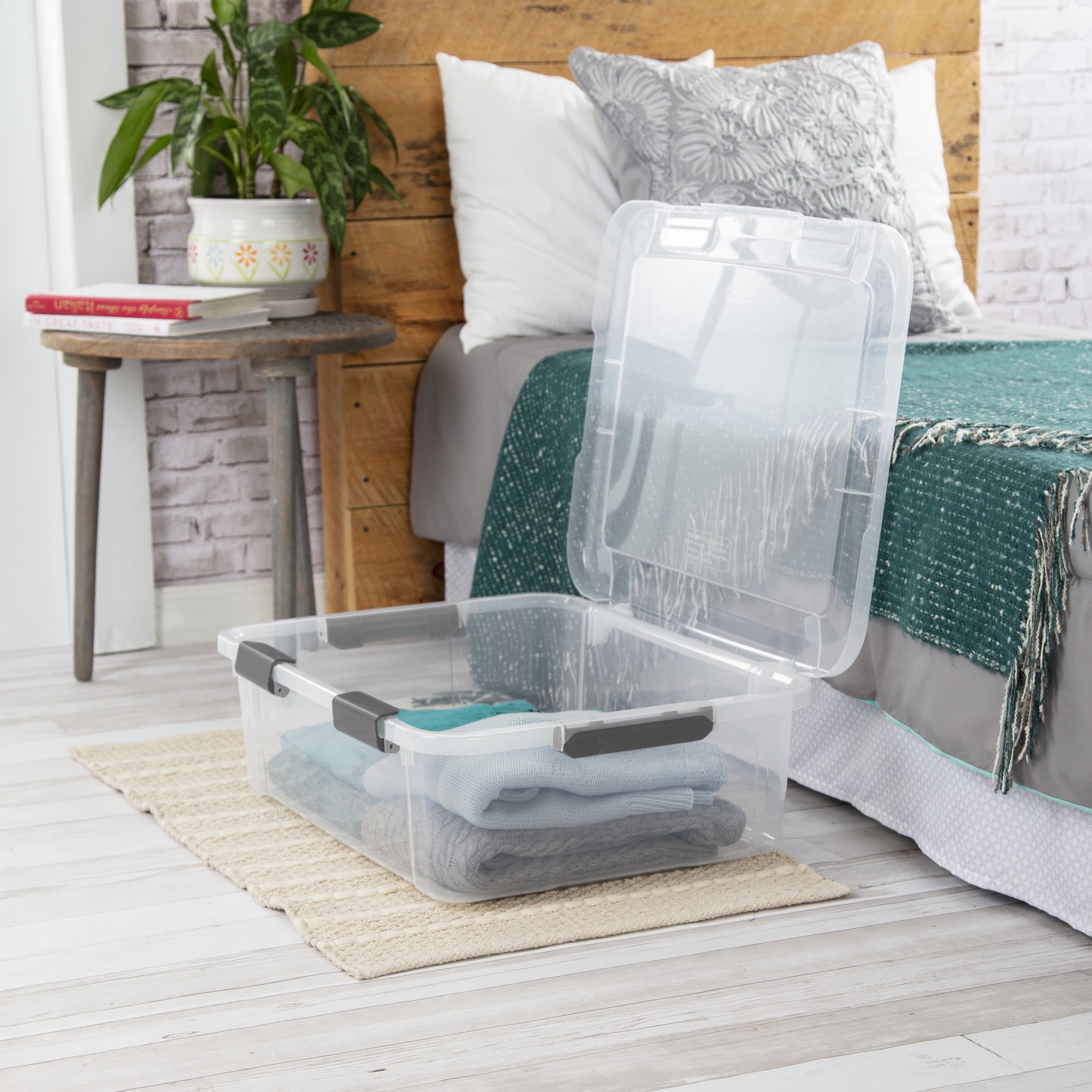 Sterilite 40 Quart HingeLID Clear Storage Bin with Latch Lid and Comfort Grip - Dark Gray, 6 Pack