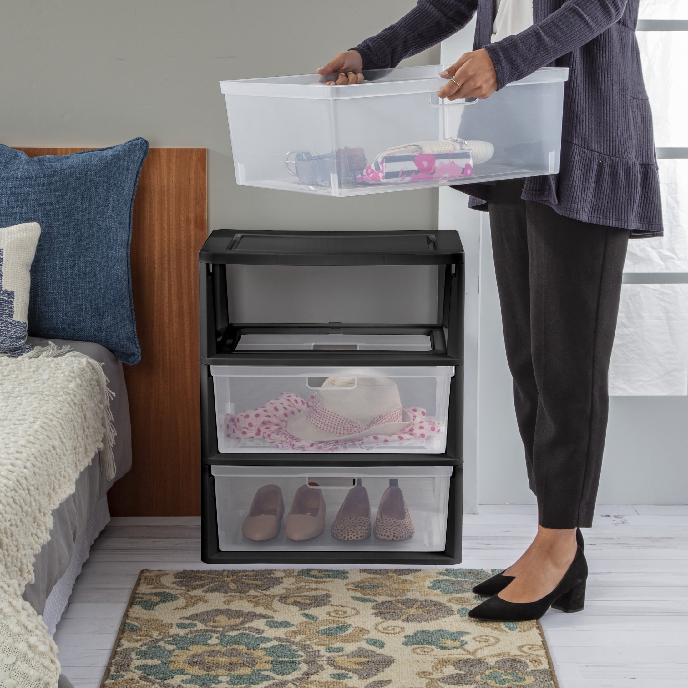 Sterilite Wide 3 Drawer Tower - Plastic Storage Organizer with Removable Clear Bins, Easy Assembly, No Tools Needed, Black - 2-Pack