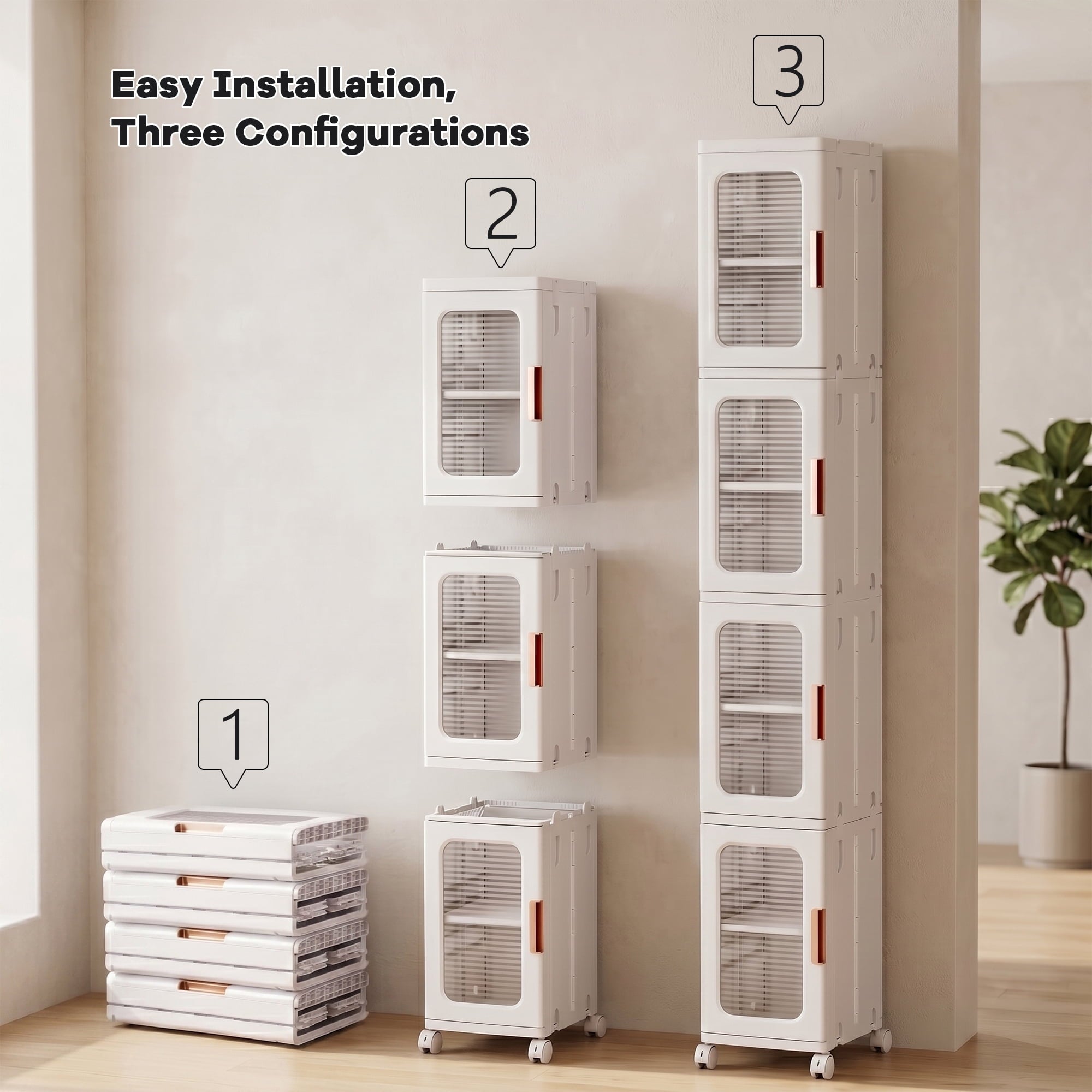 Avaloomia Home 4 Tier Stackable Storage Bins with Lids and Wheels - 108QT Folding Storage Cabinets Plastic Closet Organizer and Storage for Bathroom Living Room Office, White