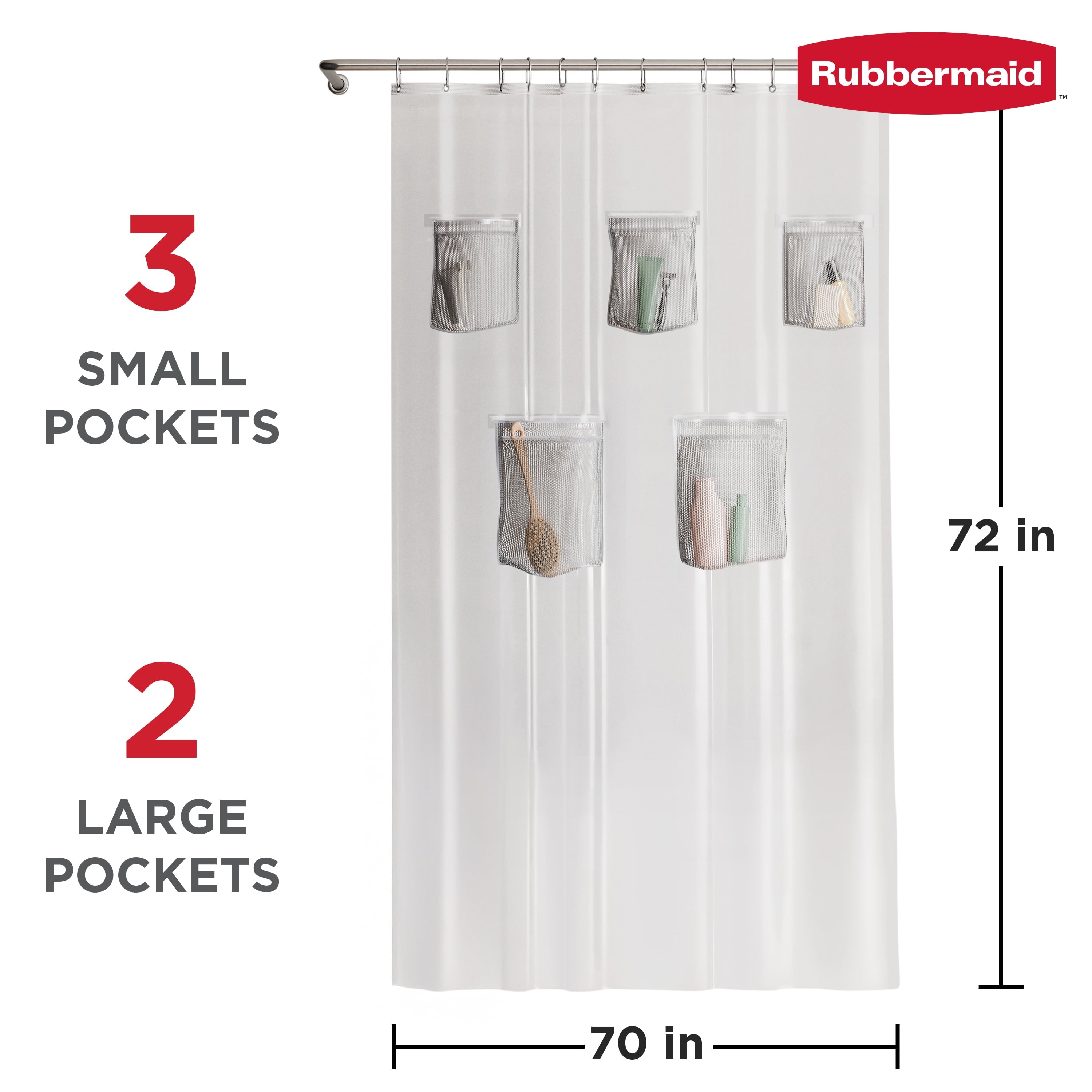Rubbermaid Clear Heavyweight Waterproof PEVA Shower Curtain Liner with Storage Pockets - BPA-Free, 70 x 72 Inches
