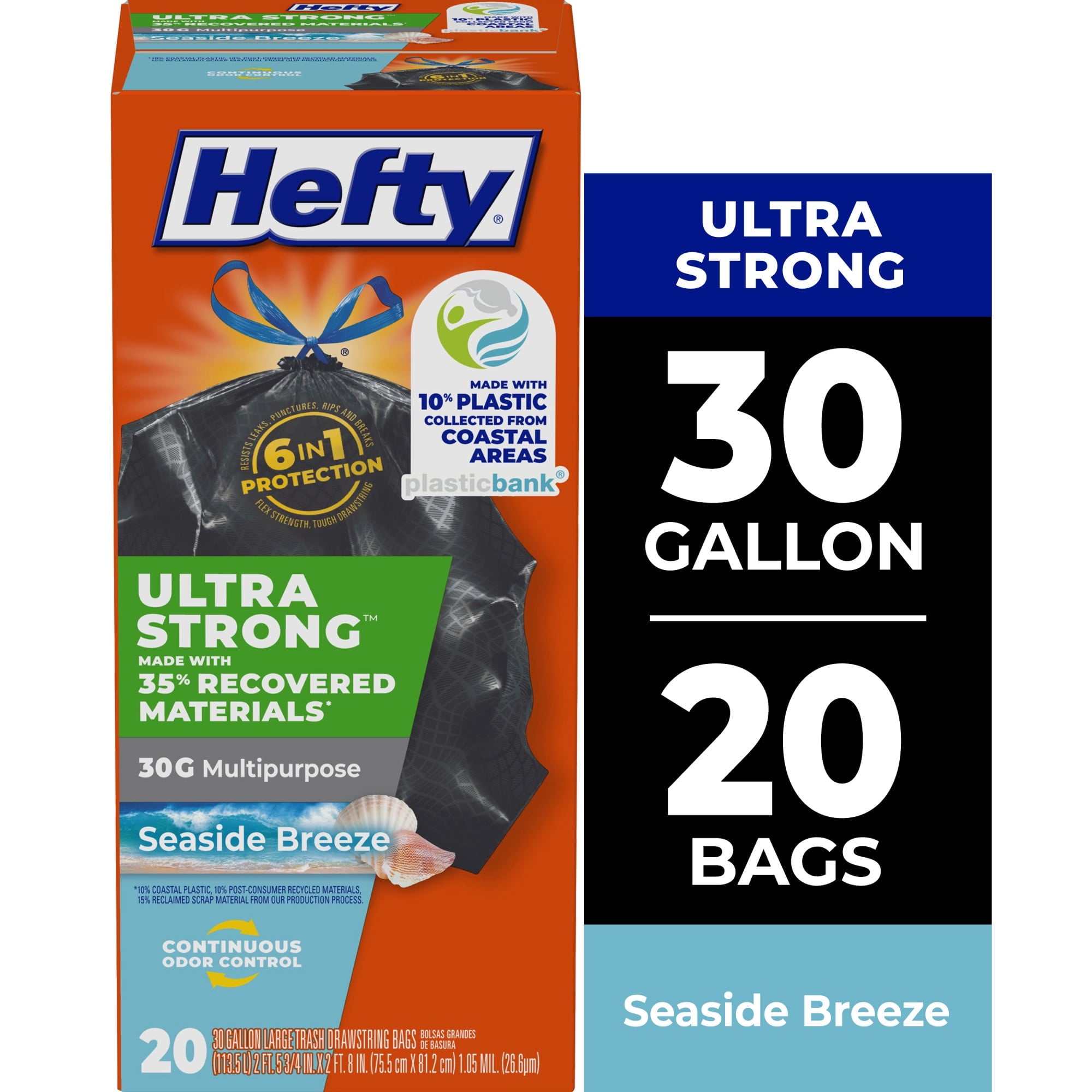 Hefty Ultra Strong 30 Gallon Trash Bags - Multipurpose Large Trash Bags Made with Recovered Materials, Including Coastal Plastic, Black, Seaside Breeze Scent, 20 Bags - 6-Pack