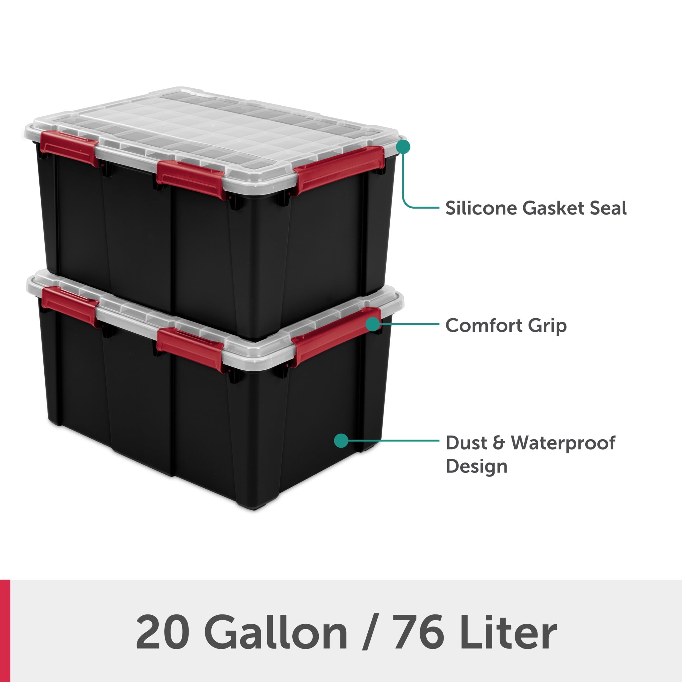 Sterilite Large Gasket Tote - 20 Gallon WaterProof Plastic Storage Bin with Lid, Gasket Seal and Durable Latches, Black - 2-Pack