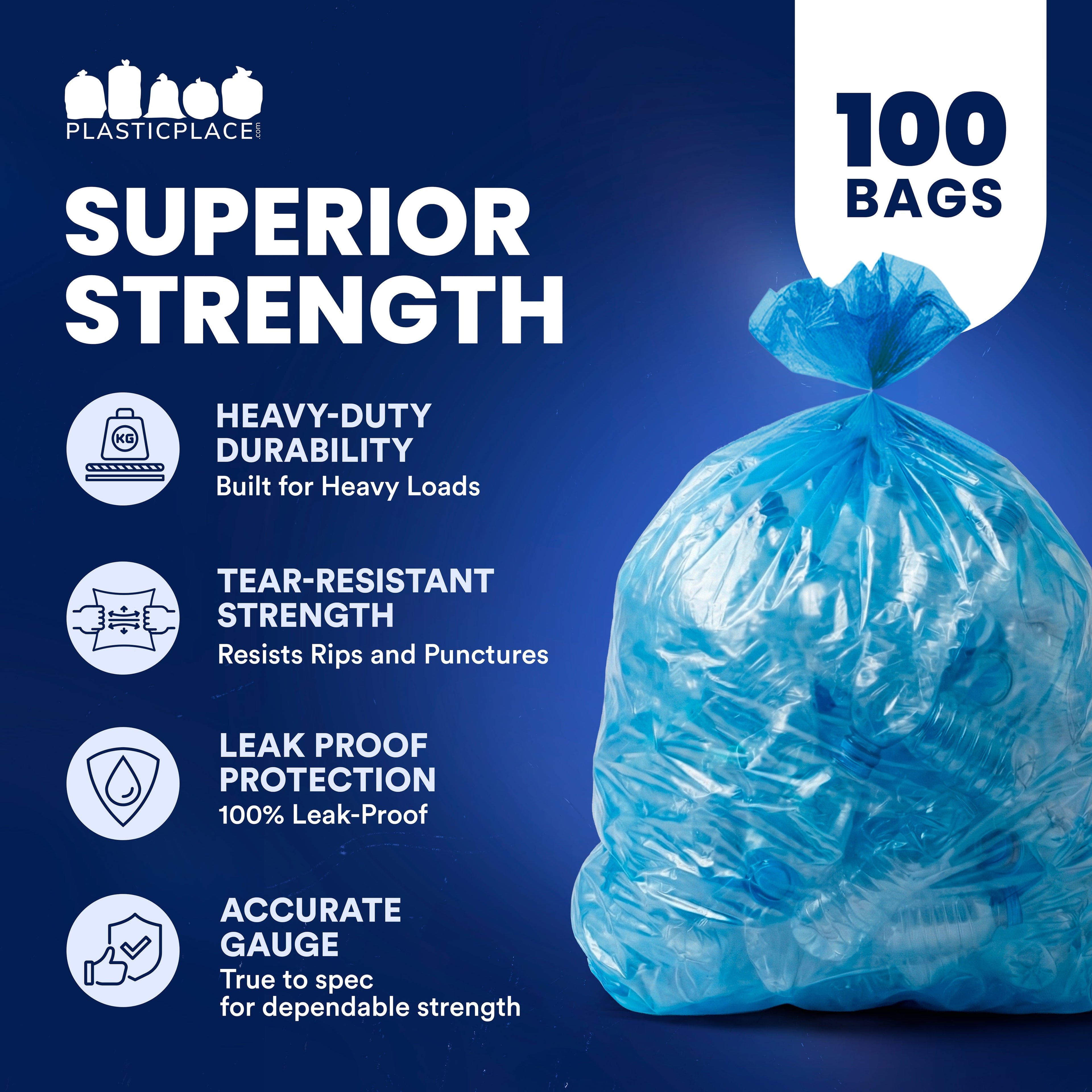 Plasticplace 55-60 Gallon Blue Recycling Trash Bags - 1.2 Mil, 38"x55" Garbage Can Liners, 100 Count
