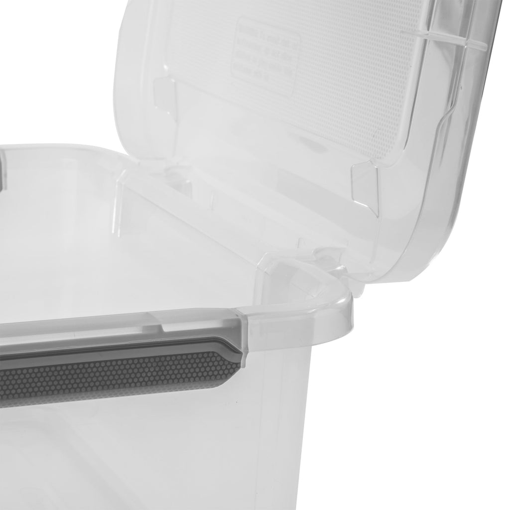 Sterilite 30 Quart HingeLID Storage Box - Clear Bin, Latch Lid, Comfort Grip, Dk Gray