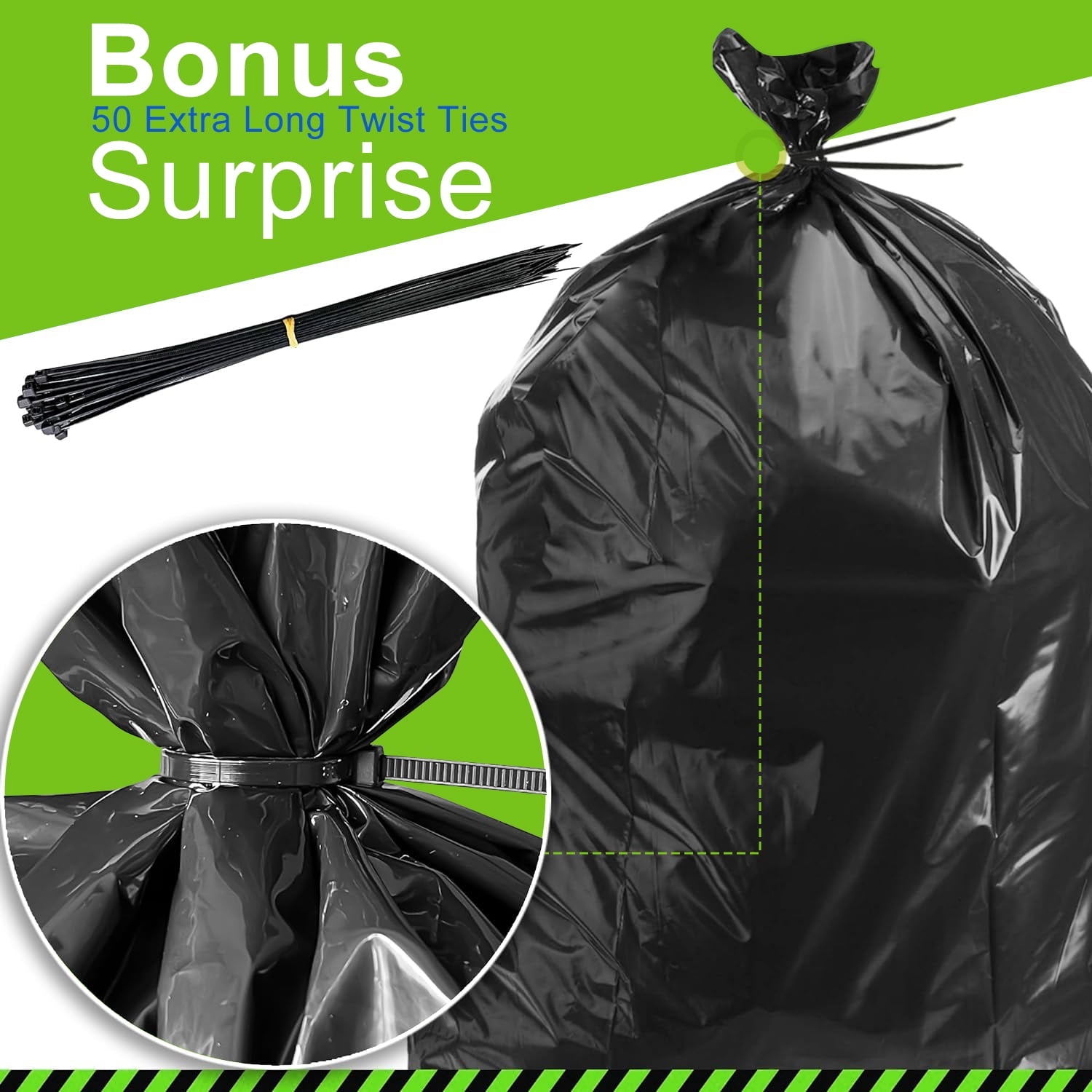 33 Gallon Trash Bags (85Count) - 30-33 Gallon Black Garbage Bags, Garbage Can Liners with Tying Ropes