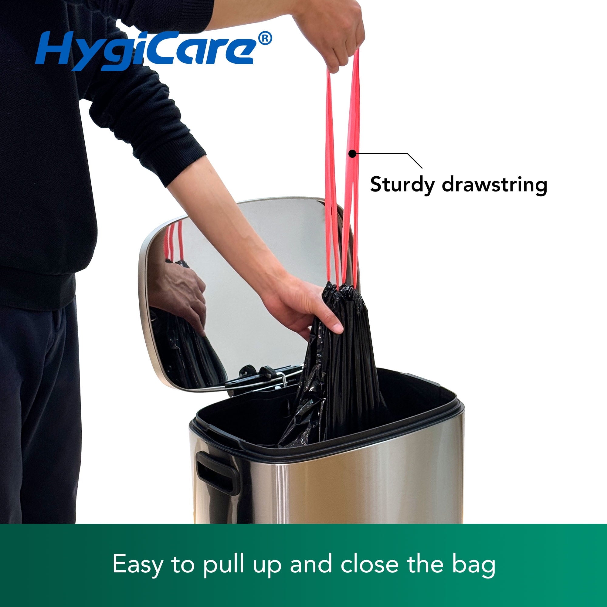 HygiCare 30 Gallon Drawstring Trash Bags - 120 Count, Super Strong, Leakproof, Unscented