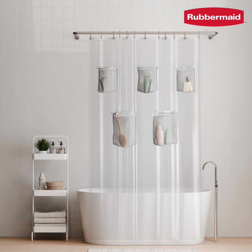 Rubbermaid Clear Heavyweight Waterproof PEVA Shower Curtain Liner with Storage Pockets - BPA-Free, 70 x 72 Inches