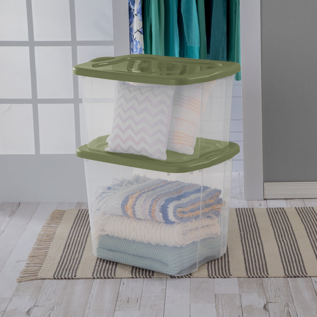 Sterilite EZ Carry 95 Quart Extra-Large Storage Bin - Clear Plastic Storage Container with Full-Grip Handles, Green