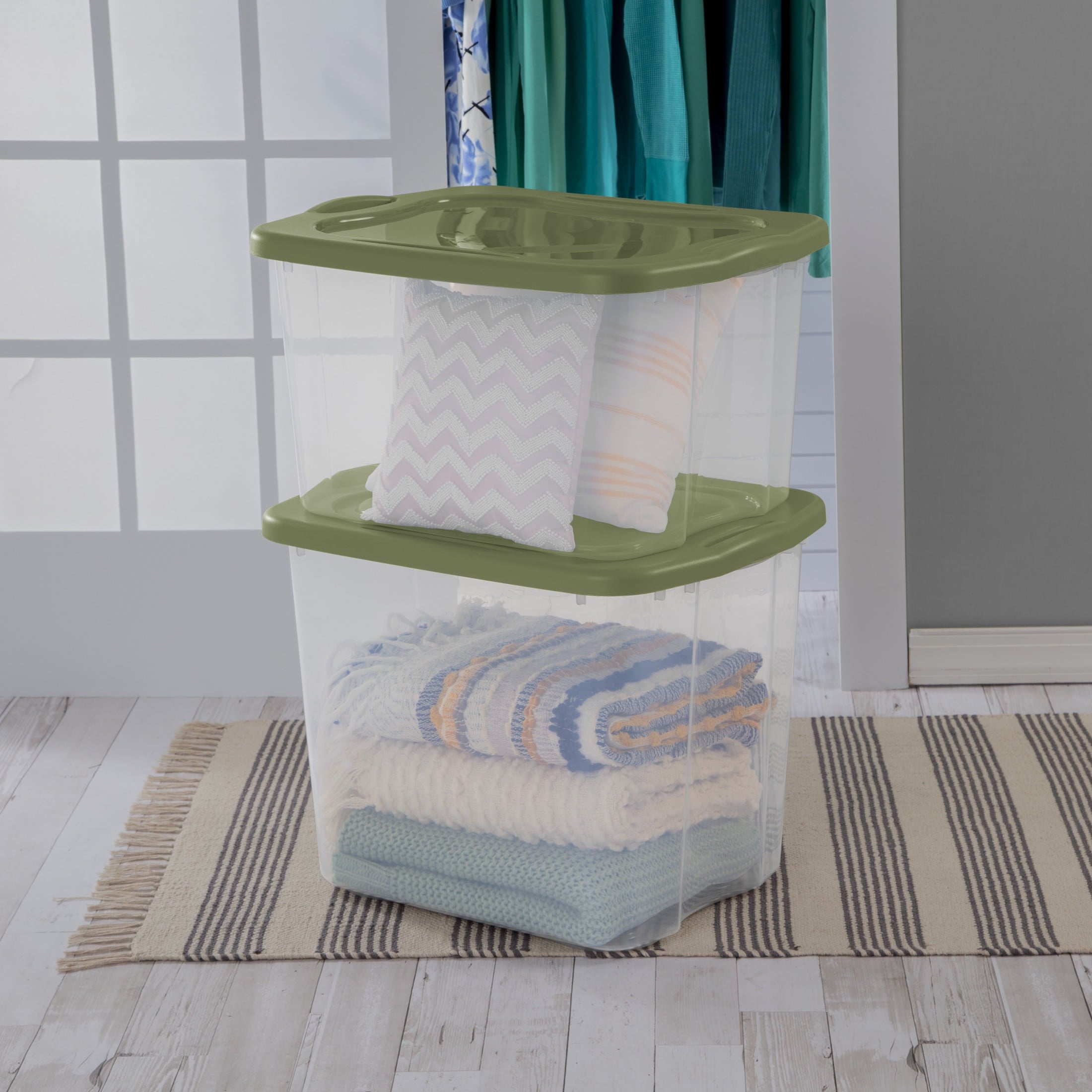 Sterilite EZ Carry 95 Quart Extra-Large Storage Bin - Clear Plastic Storage Container with Full-Grip Handles, Green
