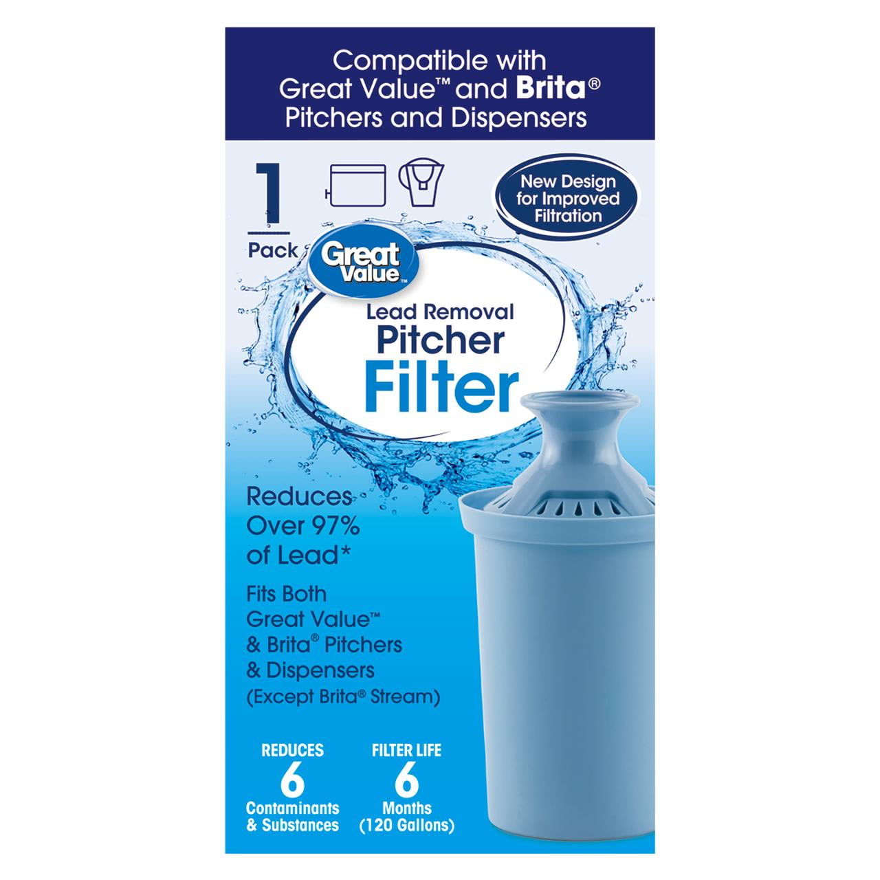 Great Value Long last Filter - Reduce Lead, Compatible with Great value and Brita, BPA Free, 1 Count